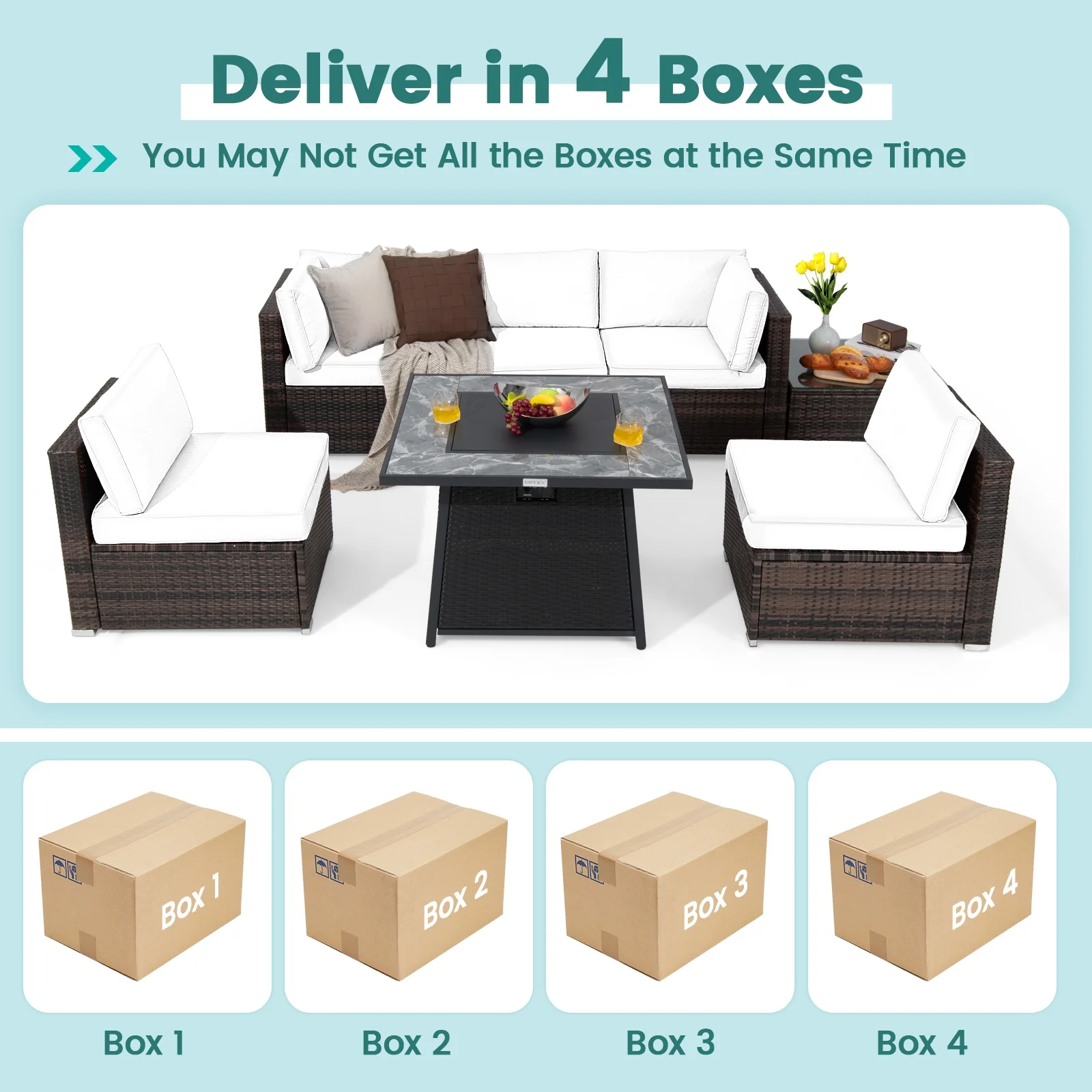 7 Piece Patio Set, 35 Inch 50000 BTU Propane Fire Pit Table, White - Image 9