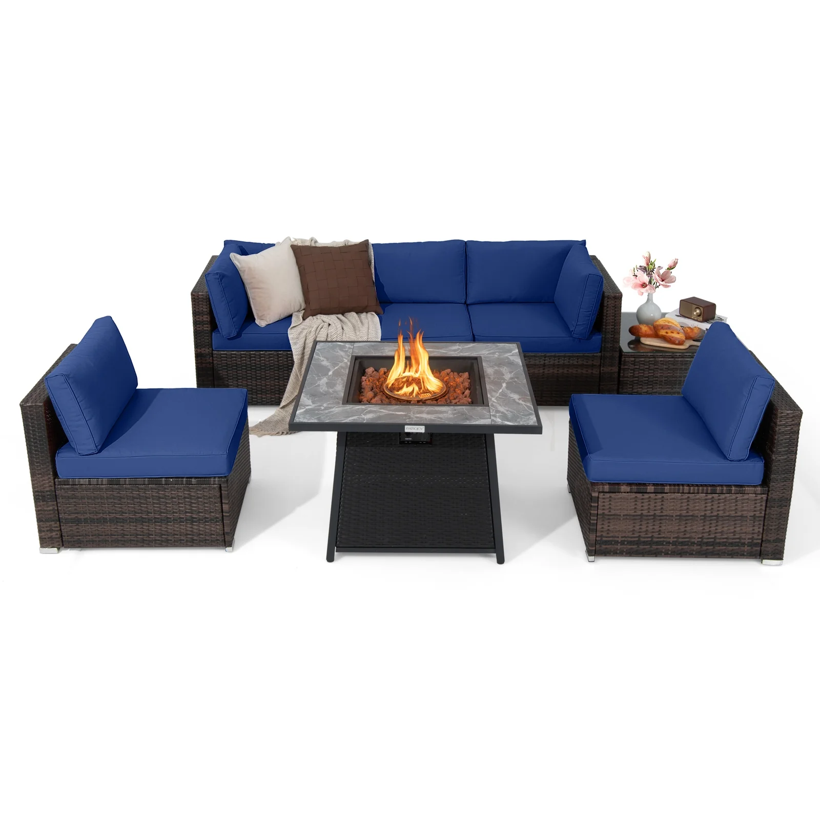 7-Piece Patio Set, 35 Inches 50000 BTU Propane Fire Pit Table, Navy