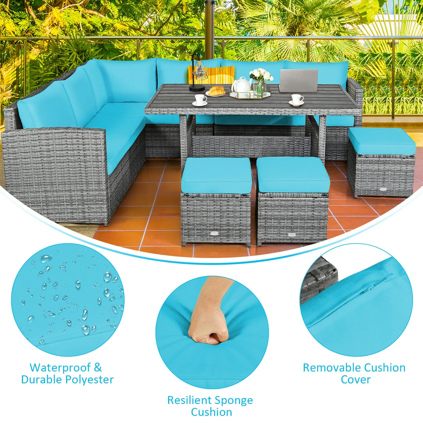 7-Piece Rattan Patio Dining Set, Sectional Sofa, Turquoise - Image 3