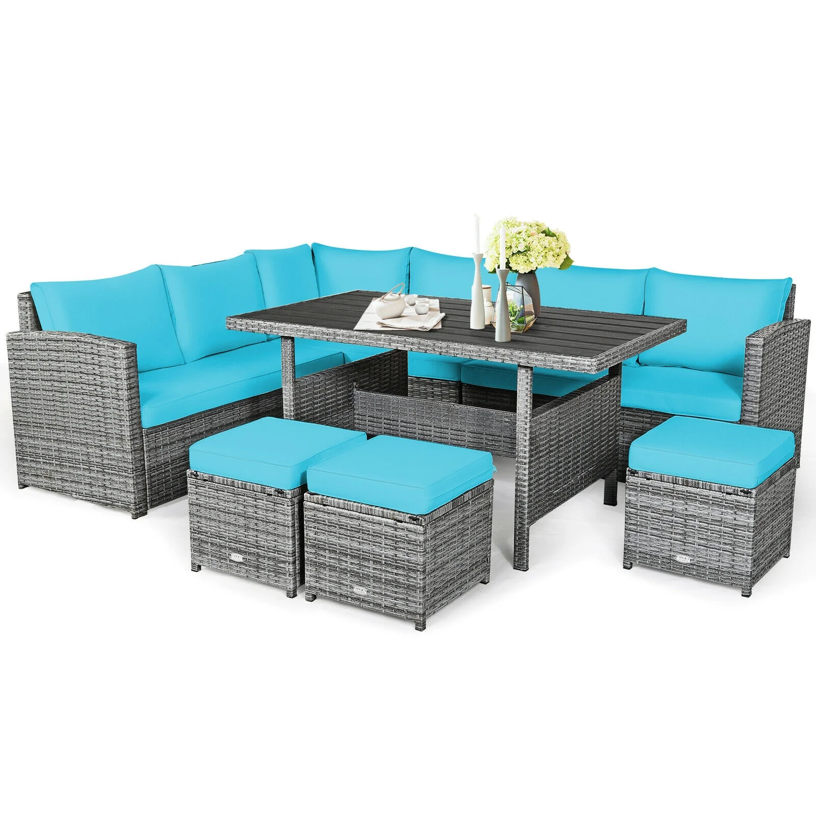 7-Piece Rattan Patio Dining Set, Sectional Sofa, Turquoise - Image 4