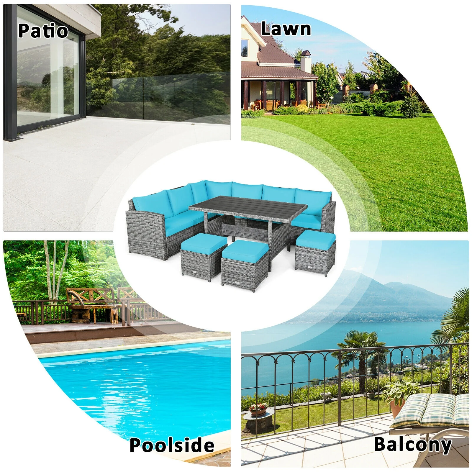 7-Piece Rattan Patio Dining Set, Sectional Sofa, Turquoise - Image 6