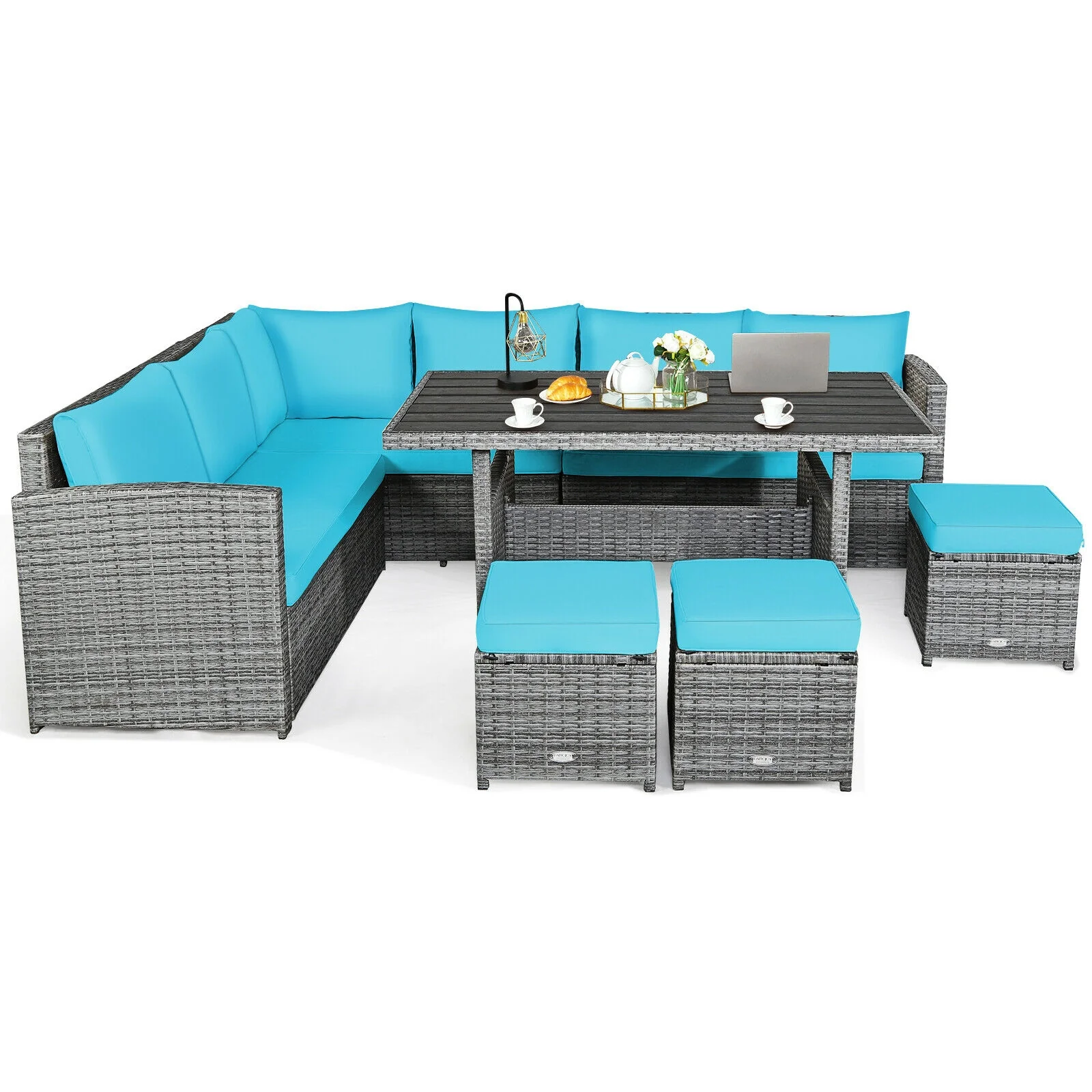 7-Piece Rattan Patio Dining Set, Sectional Sofa, Turquoise - Image 9
