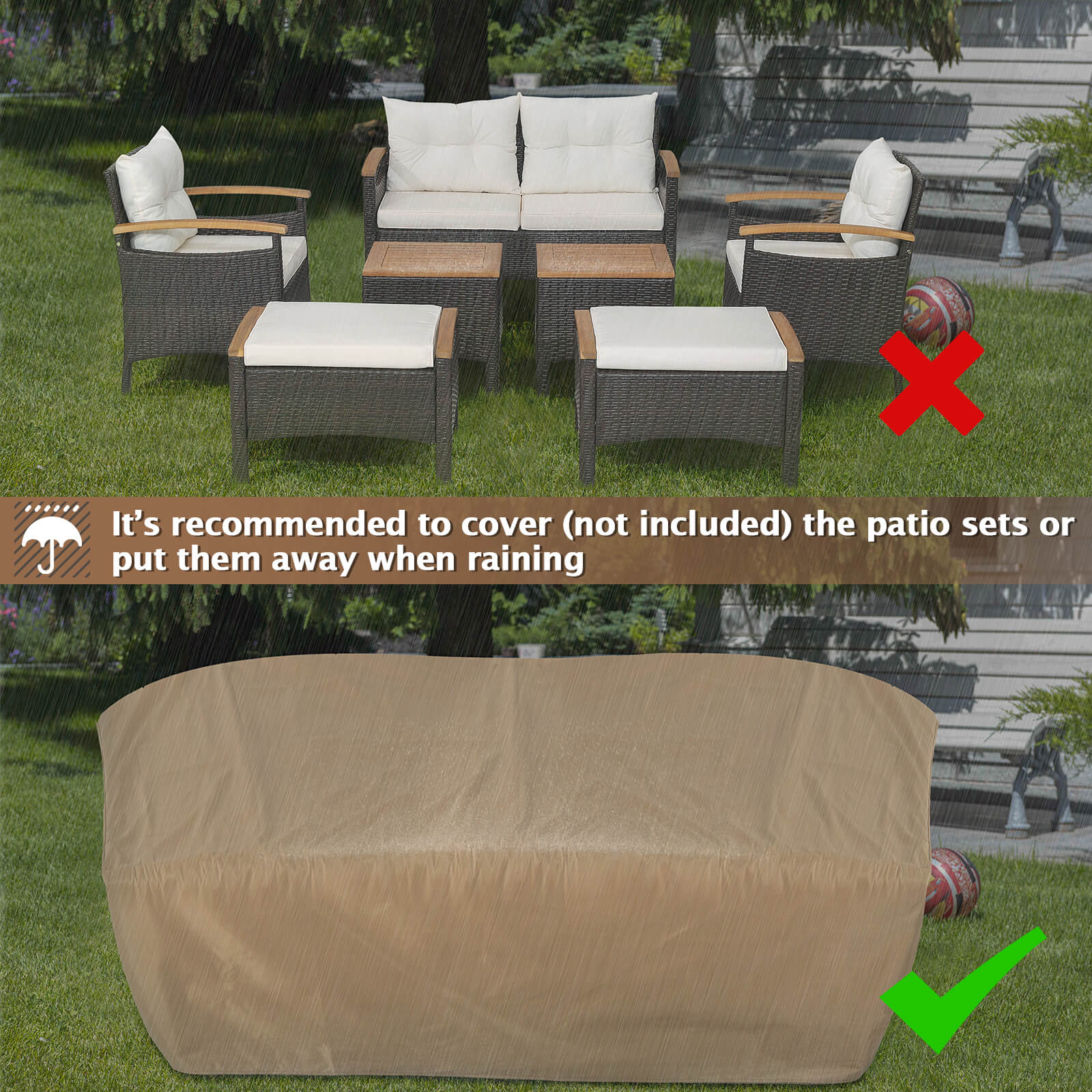 7 Piece Rattan Patio Sofa Set, Acacia Wood Tabletop, Off White - Image 10