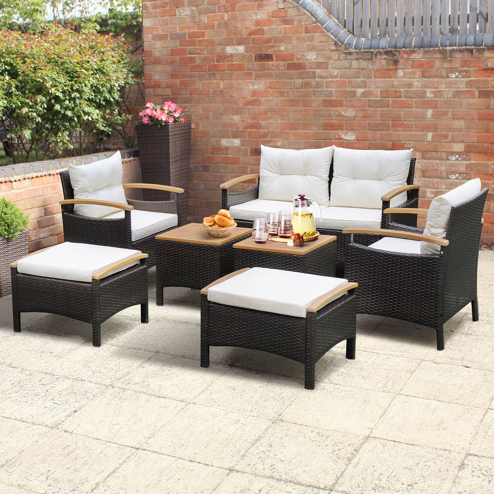 7 Piece Rattan Patio Sofa Set, Acacia Wood Tabletop, Off White - Image 2