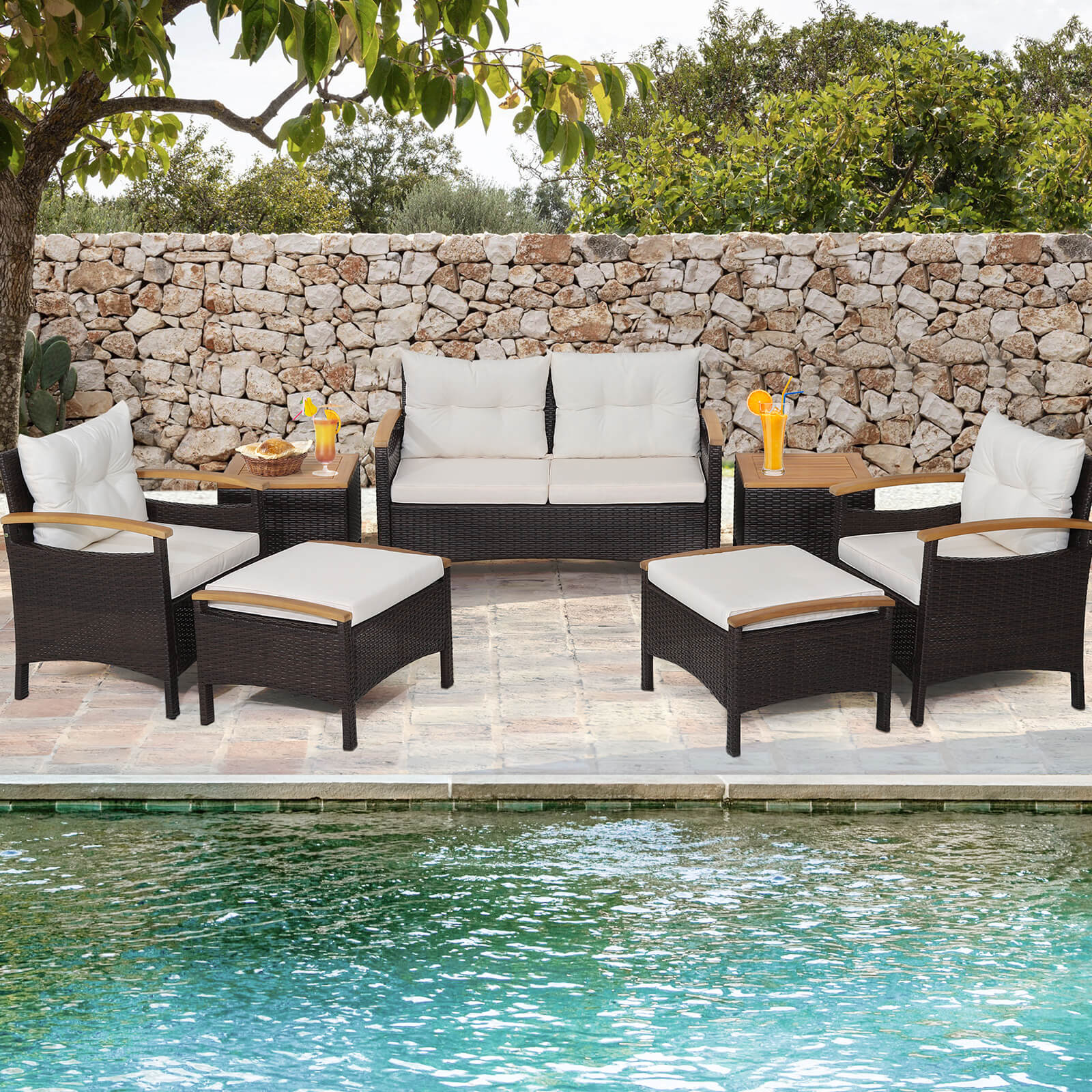 7 Piece Rattan Patio Sofa Set, Acacia Wood Tabletop, Off White - Image 3