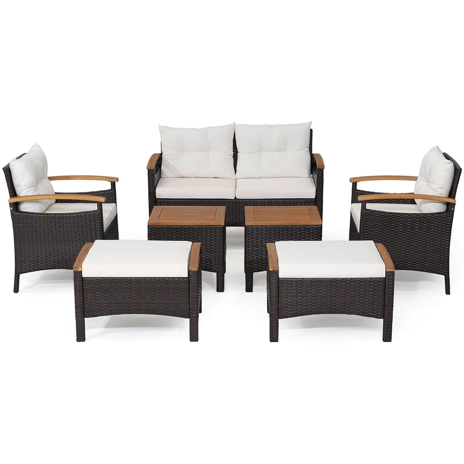 7 Piece Rattan Patio Sofa Set, Acacia Wood Tabletop, Off White - Image 4