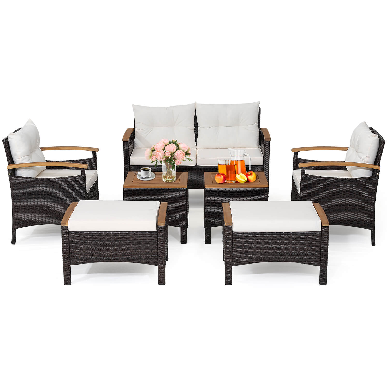 7 Piece Rattan Patio Sofa Set, Acacia Wood Tabletop, Off White - Image 5