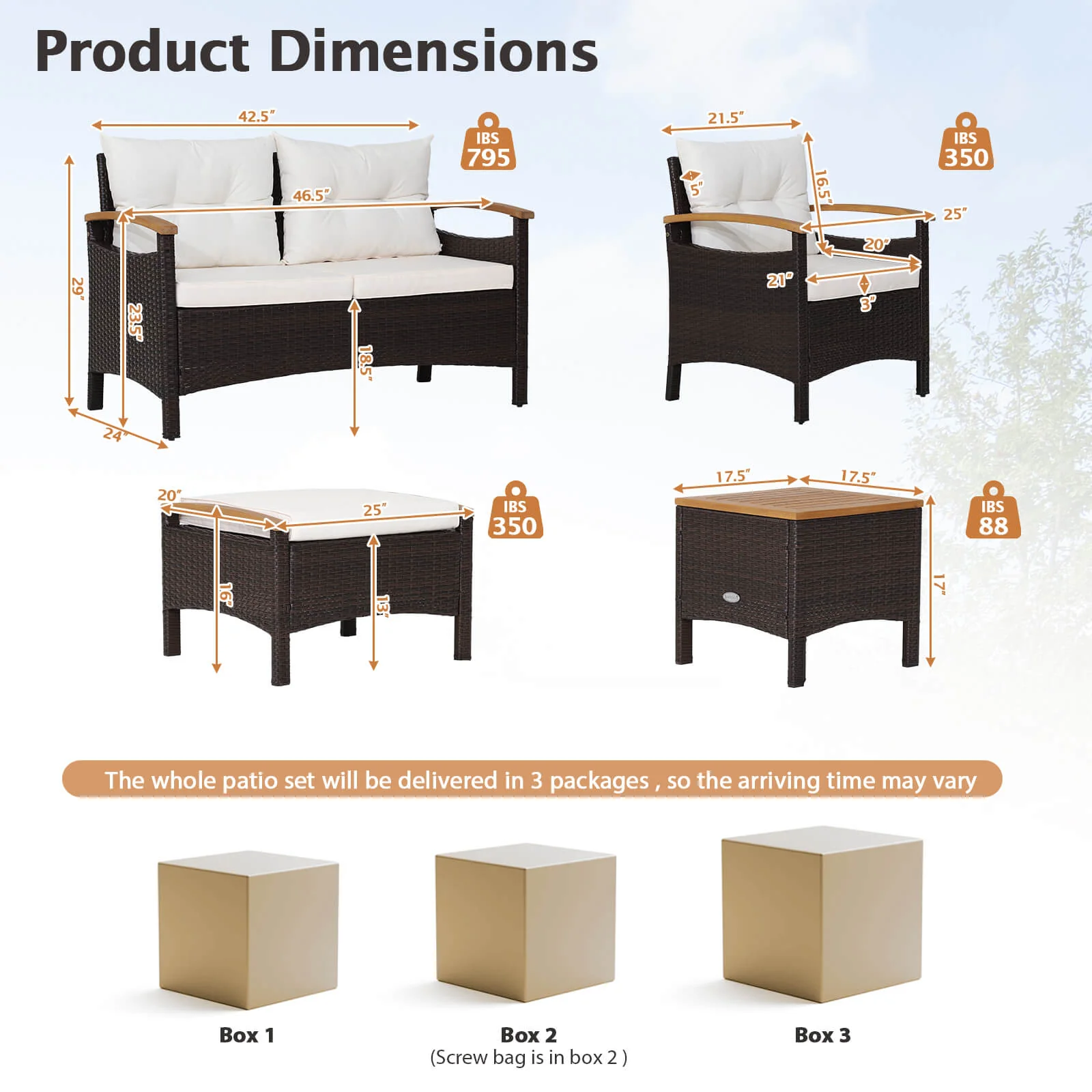 7 Piece Rattan Patio Sofa Set, Acacia Wood Tabletop, Off White - Image 6