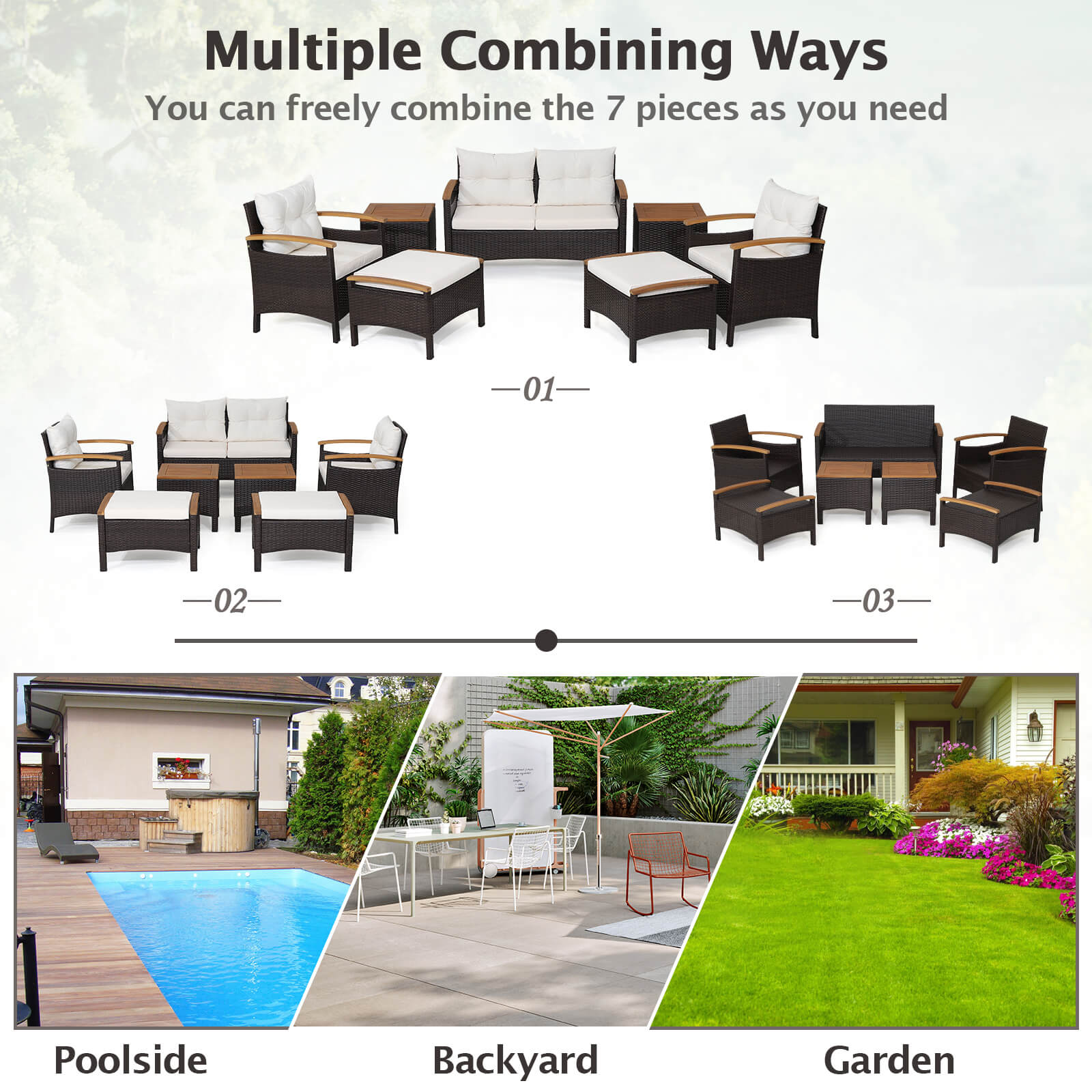 7 Piece Rattan Patio Sofa Set, Acacia Wood Tabletop, Off White - Image 7