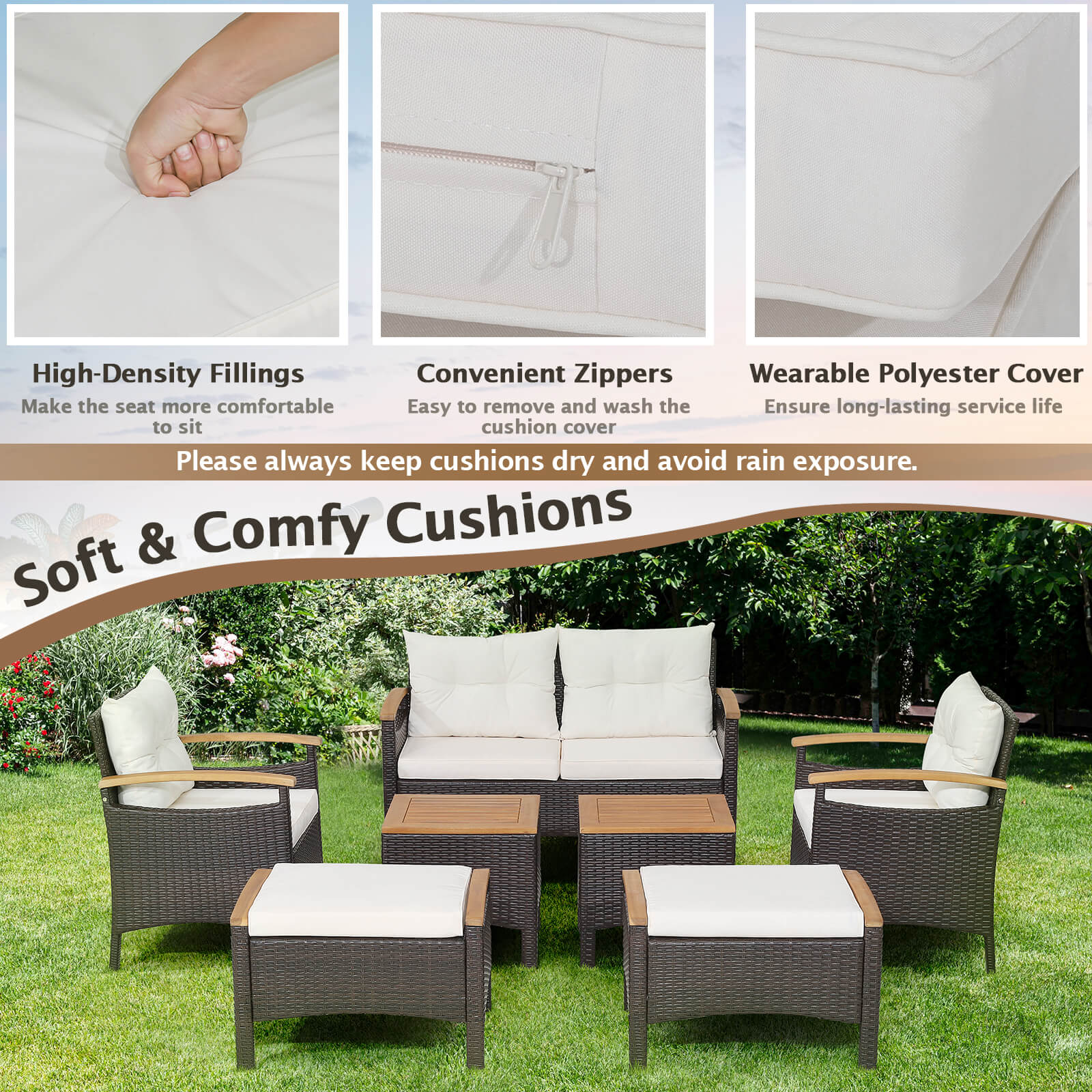 7 Piece Rattan Patio Sofa Set, Acacia Wood Tabletop, Off White - Image 8