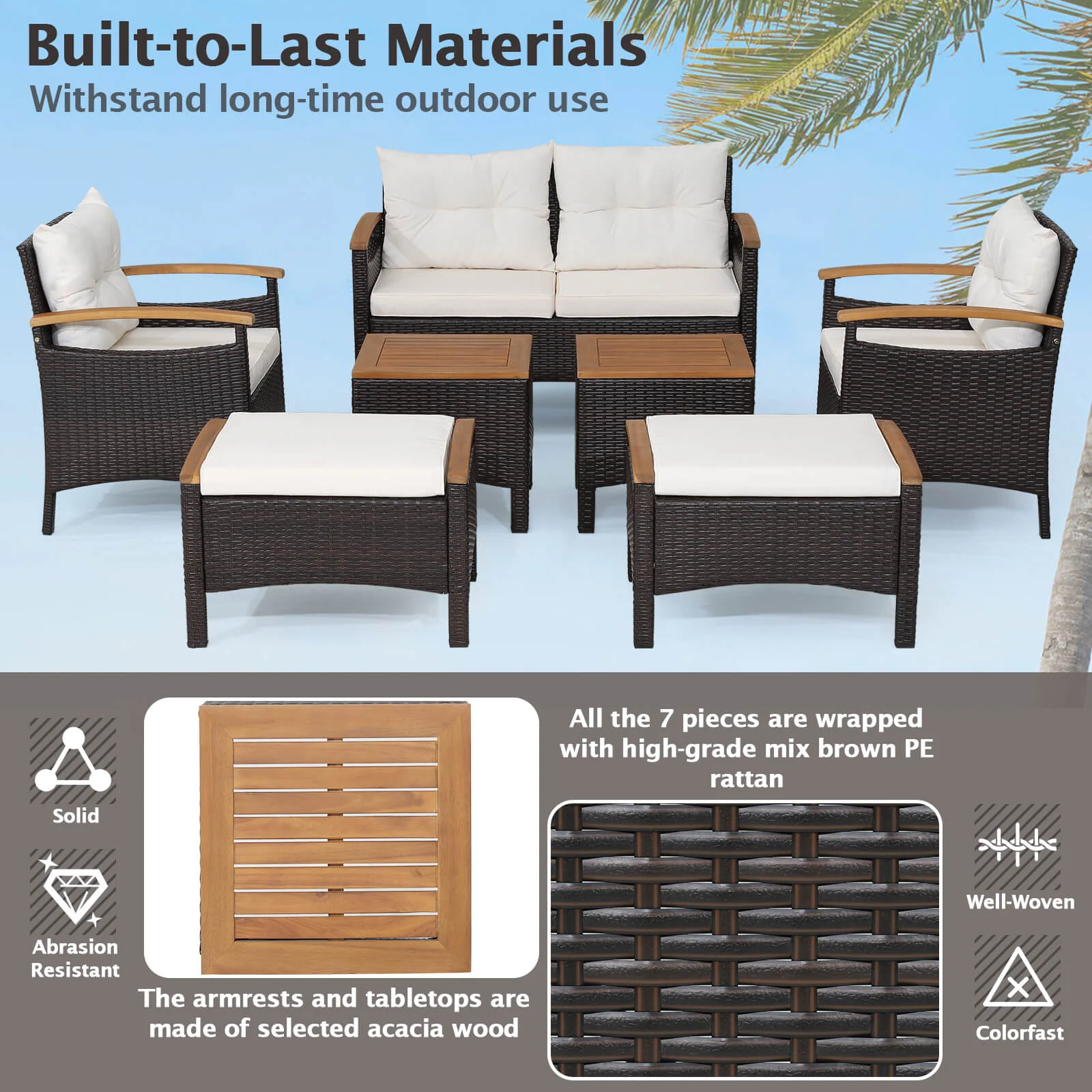 7 Piece Rattan Patio Sofa Set, Acacia Wood Tabletop, Off White - Image 9