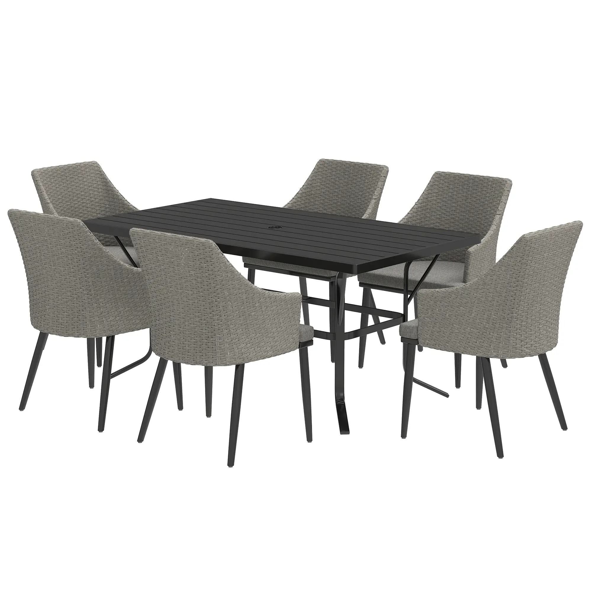 7 Piece Wicker Patio Set, Cushions, Umbrella Hole, Slatted Table