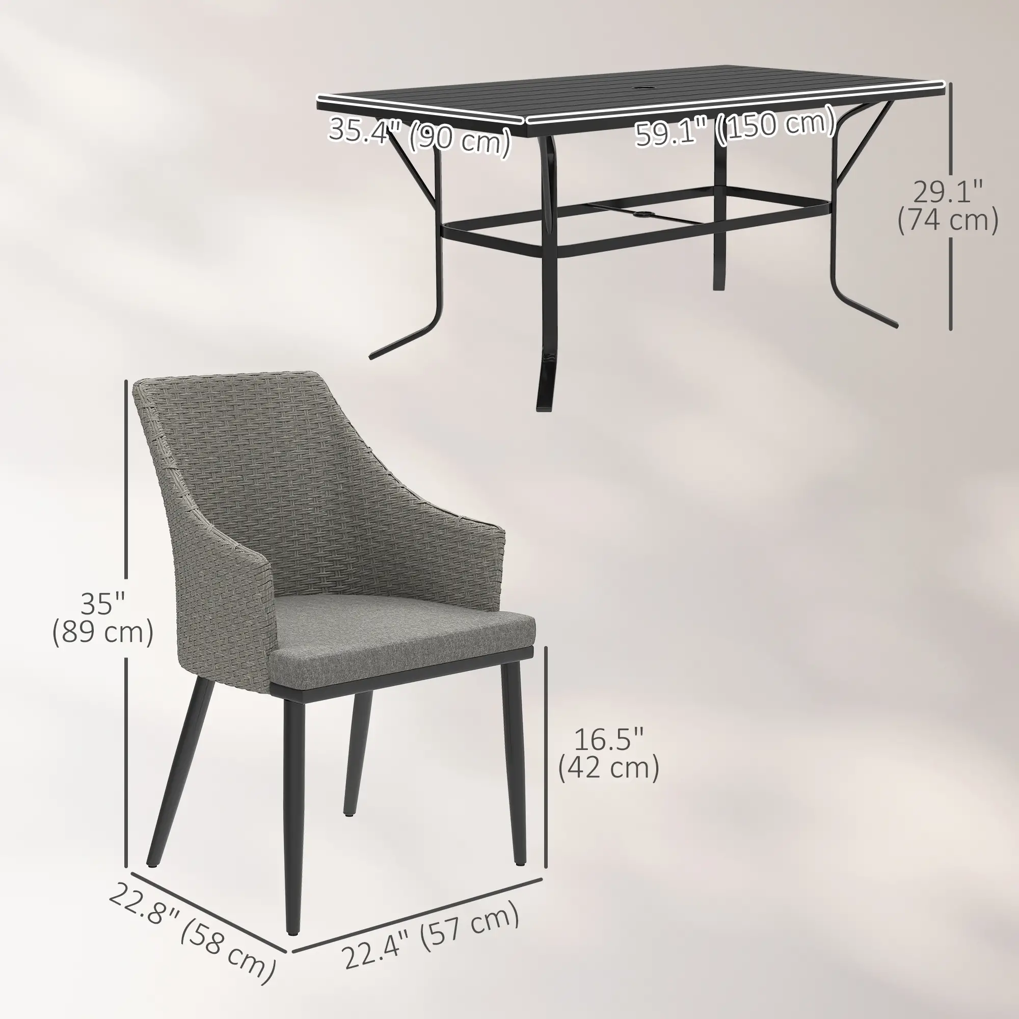 7 Piece Wicker Patio Set, Cushions, Umbrella Hole, Slatted Table - Image 3