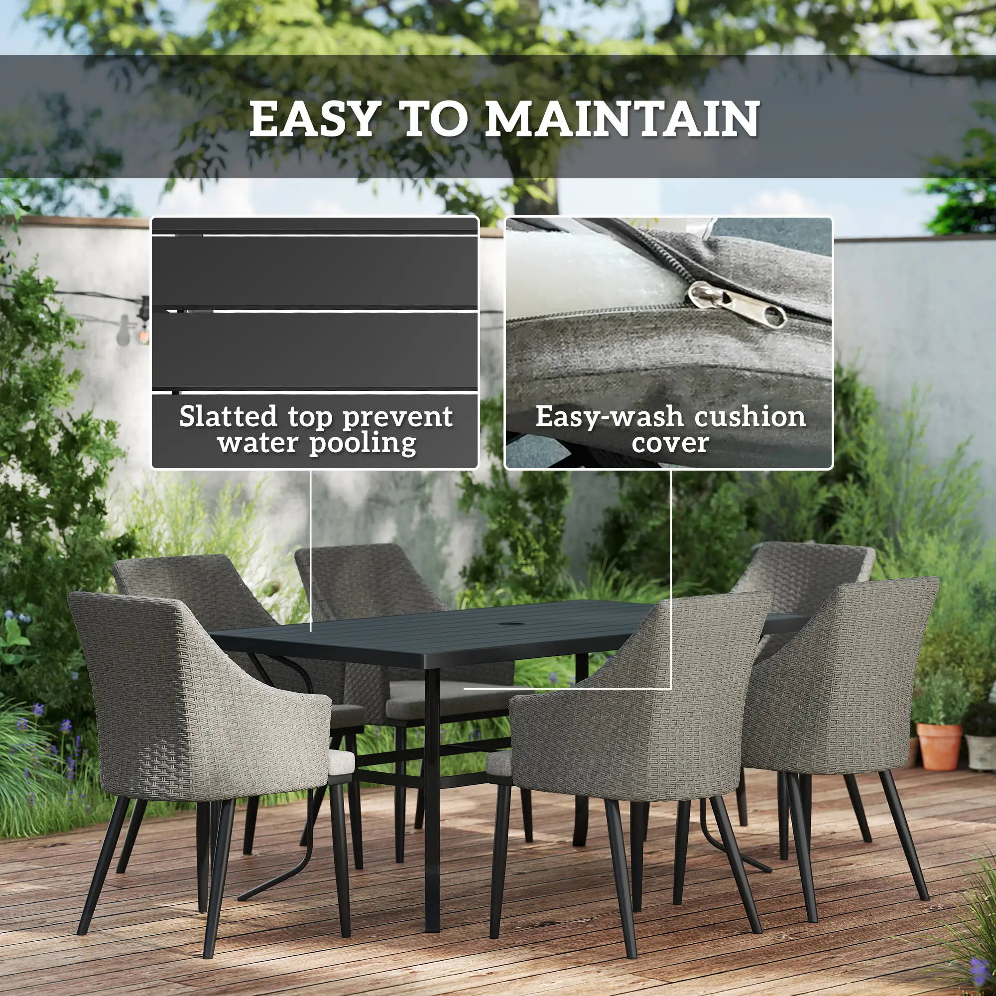 7 Piece Wicker Patio Set, Cushions, Umbrella Hole, Slatted Table - Image 7