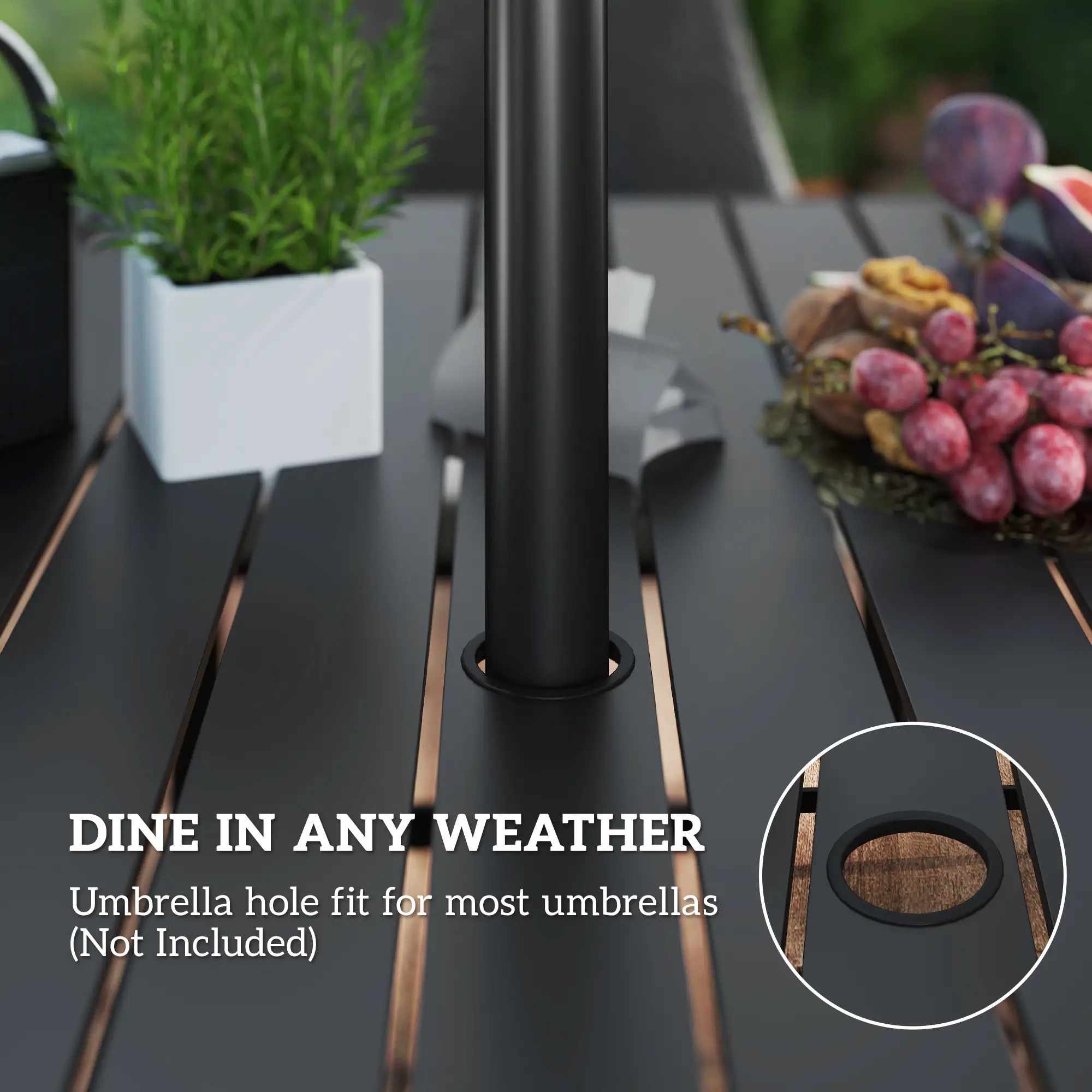 7 Piece Wicker Patio Set, Cushions, Umbrella Hole, Slatted Table - Image 9