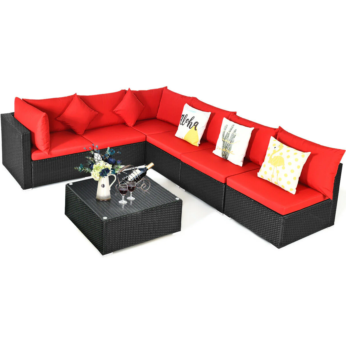 7-Piece Wicker Sectional Sofa Set, Tempered Glass Top, Red - Image 10
