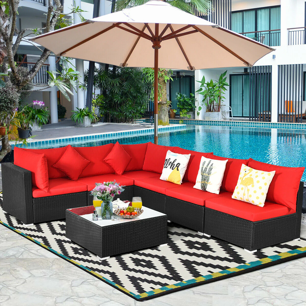 7-Piece Wicker Sectional Sofa Set, Tempered Glass Top, Red - Image 2