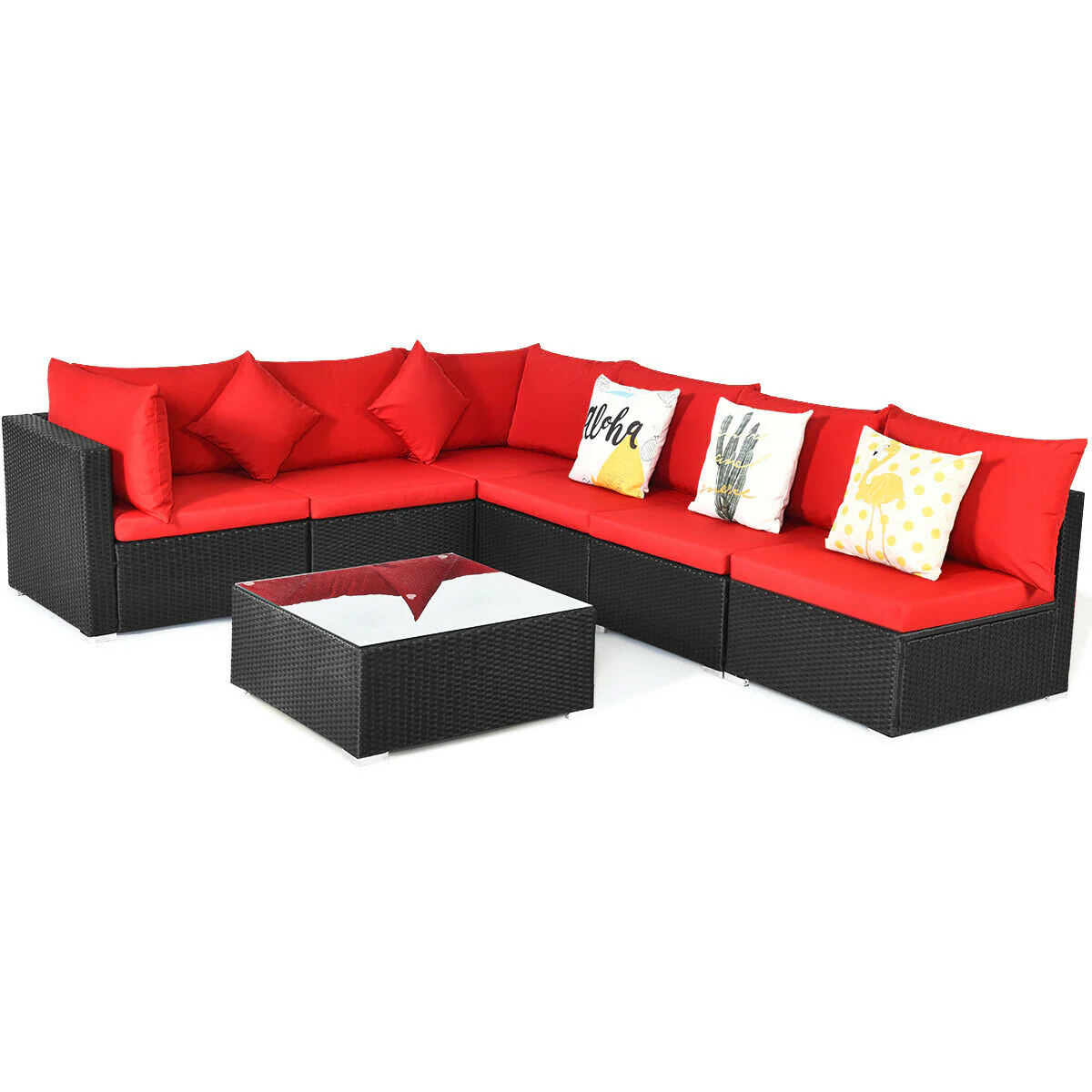 7-Piece Wicker Sectional Sofa Set, Tempered Glass Top, Red - Image 4