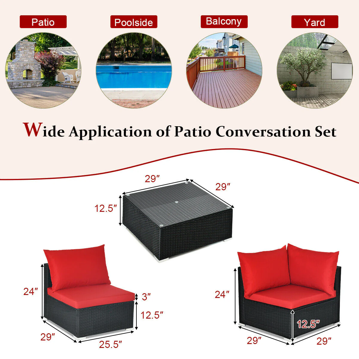 7-Piece Wicker Sectional Sofa Set, Tempered Glass Top, Red - Image 5