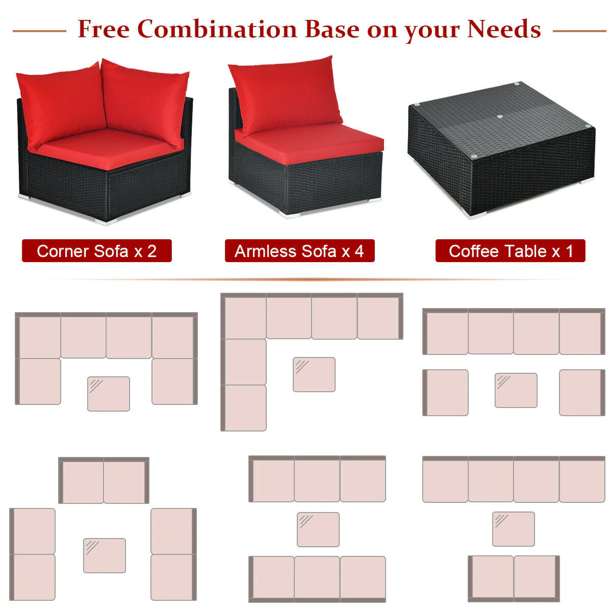 7-Piece Wicker Sectional Sofa Set, Tempered Glass Top, Red - Image 6