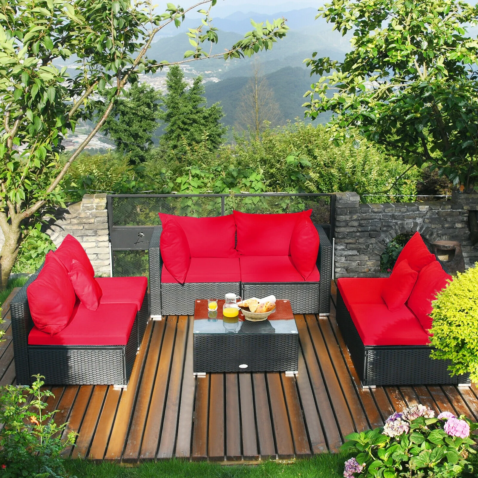 7-Piece Wicker Sectional Sofa Set, Tempered Glass Top, Red - Image 8