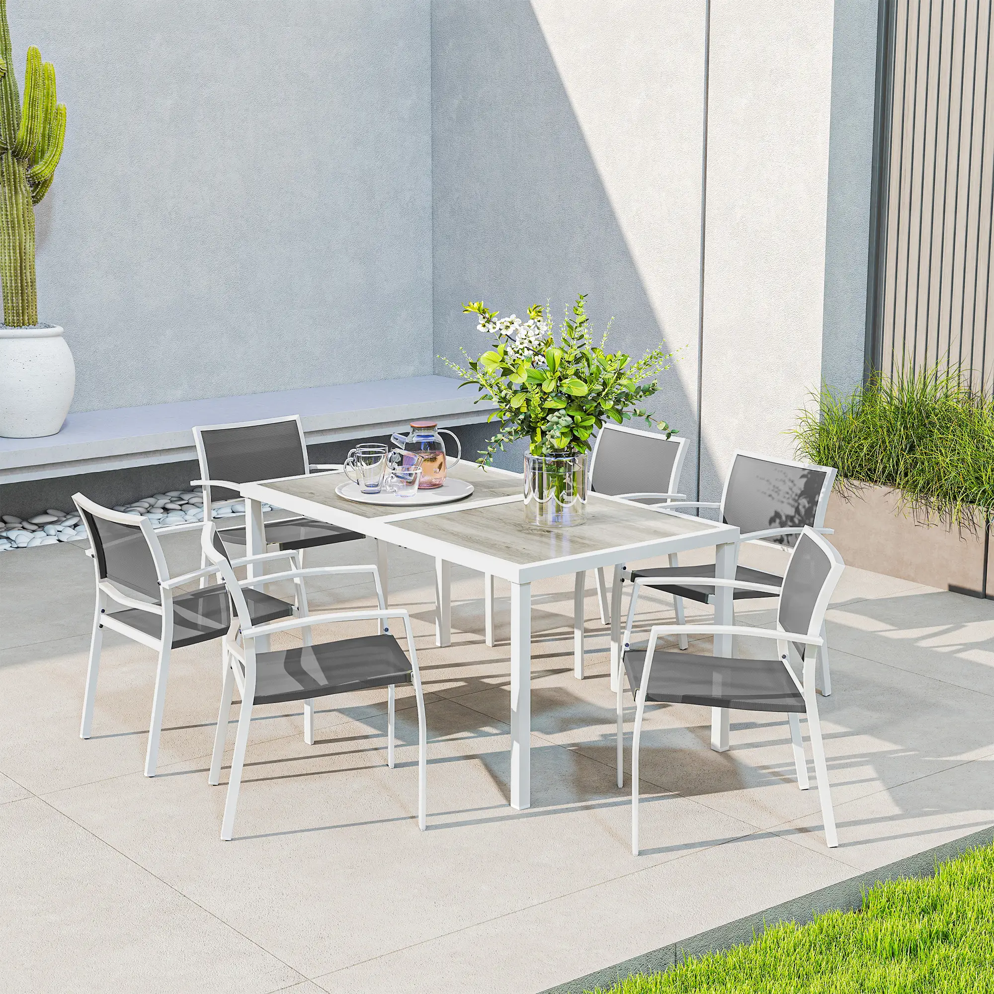 7 Pieces Outdoor Dining Set with 6 Stackable Chairs, Patio Table and Chairs with Plastic Top, Breathable Mesh Seat Back - Image 11