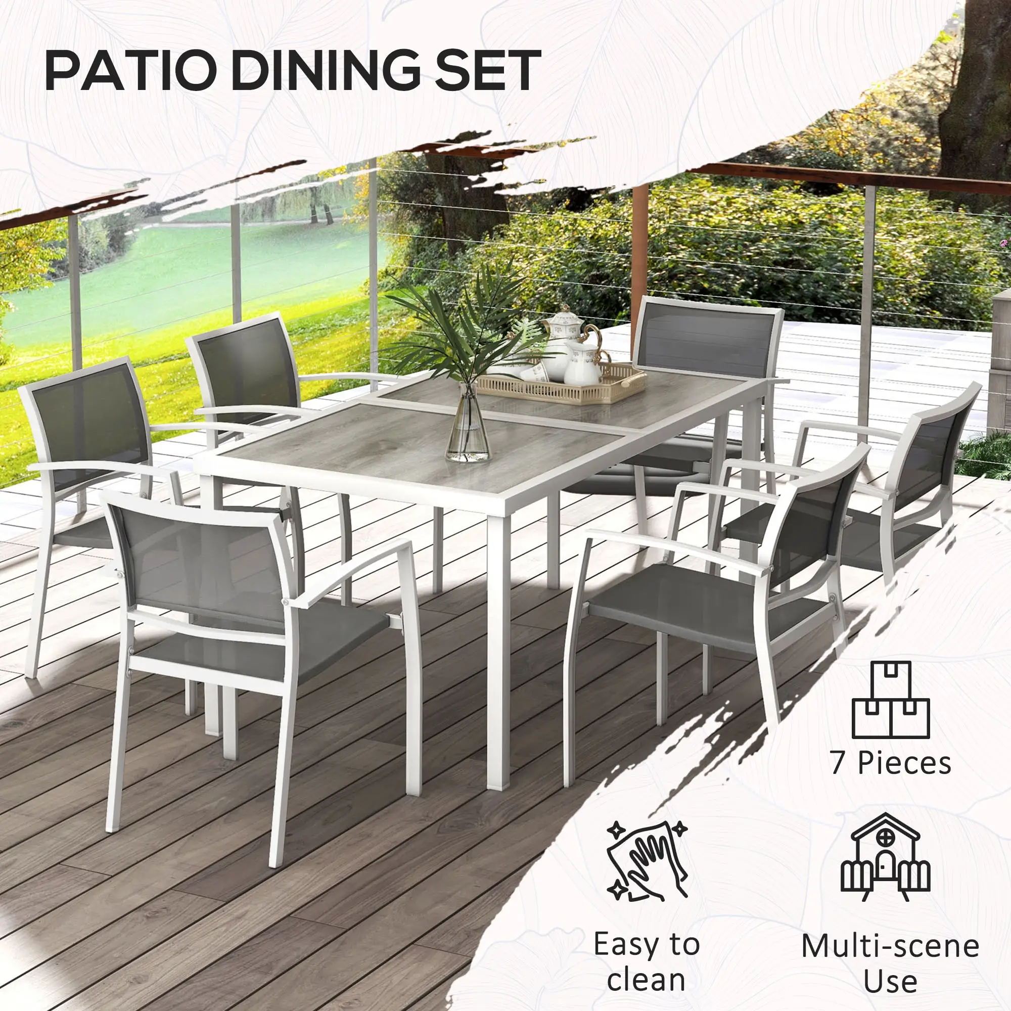 7 Pieces Outdoor Dining Set with 6 Stackable Chairs, Patio Table and Chairs with Plastic Top, Breathable Mesh Seat Back - Image 6