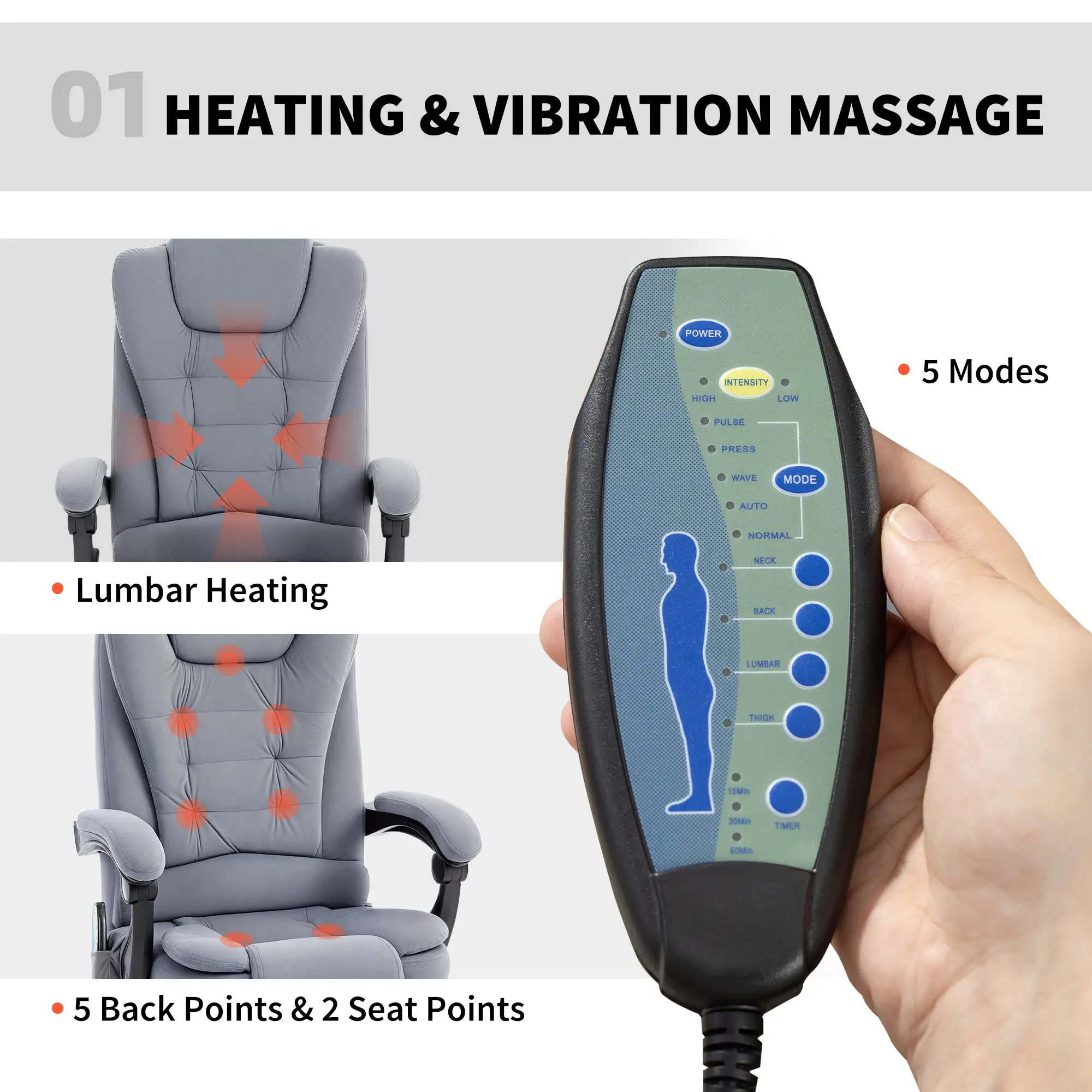 7 Point Vibrating Massage Chair, Reclining Office Chair, Adjustable Height, Grey - Image 4