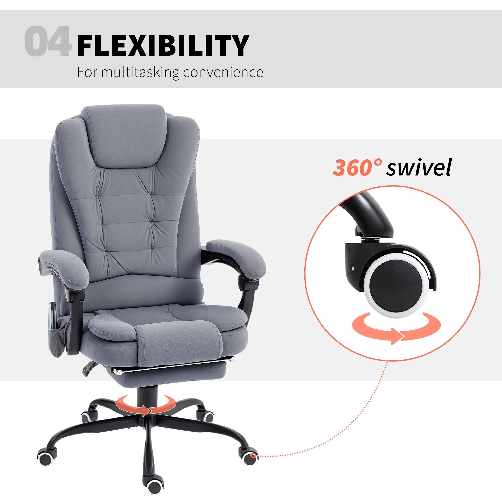 7 Point Vibrating Massage Chair, Reclining Office Chair, Adjustable Height, Grey - Image 7