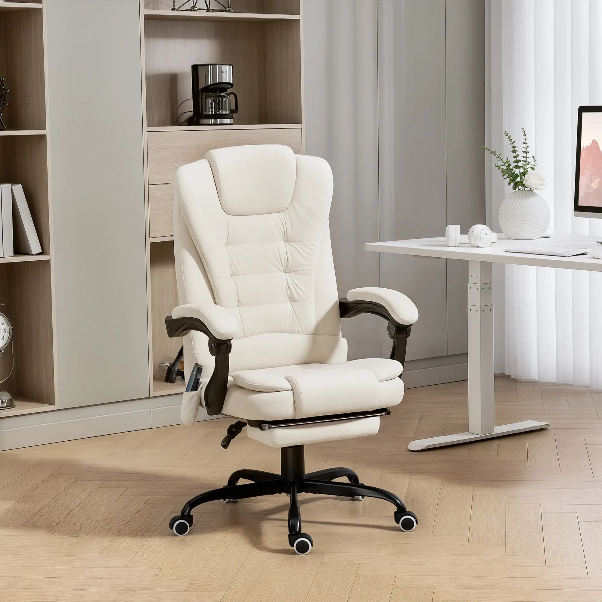 7-Point Vibrating Massage Chair, Reclining Office Chair with Footrest, Beige - Image 2