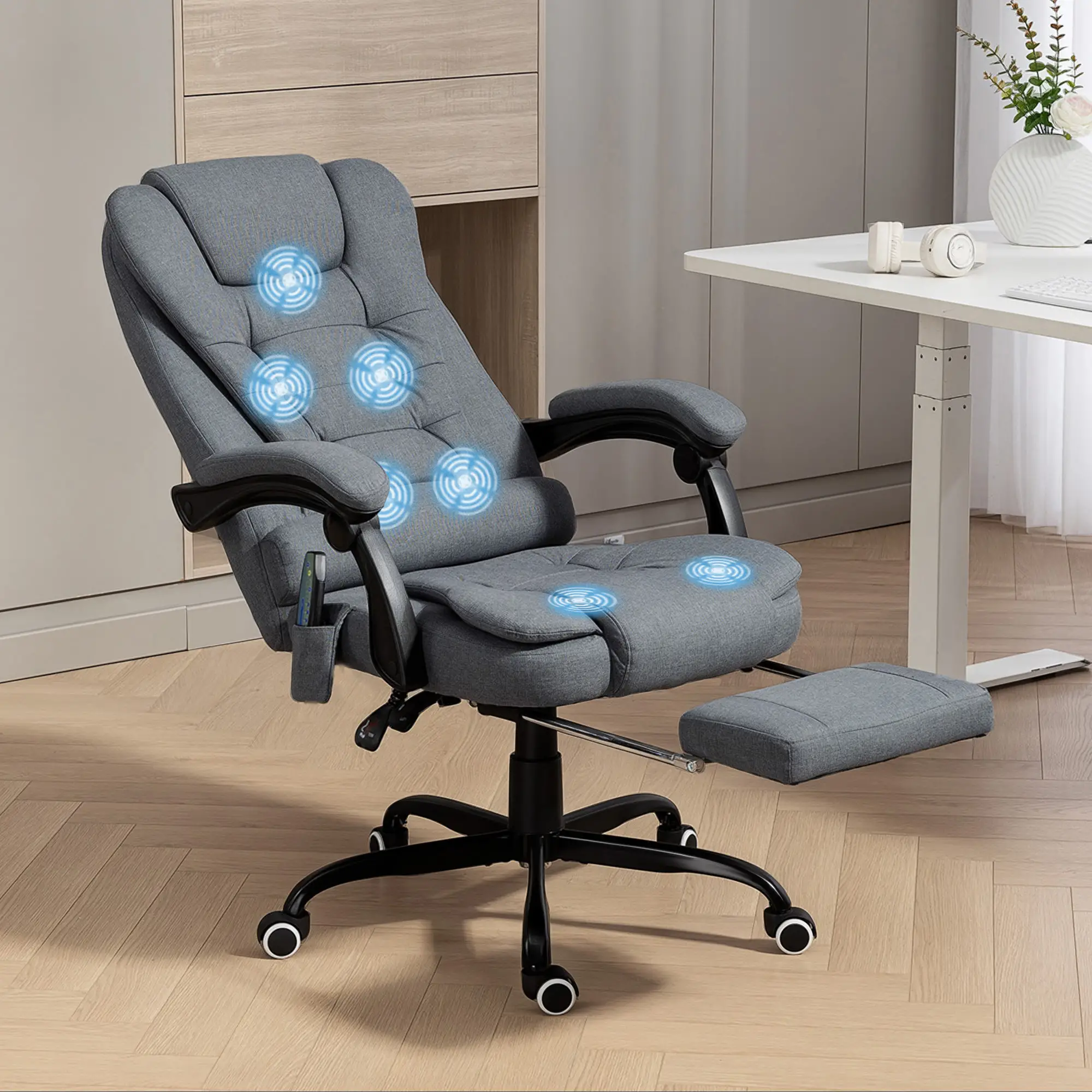 7-Point Vibrating Massage Chair, Reclining Office Chair with Footrest, Grey - Image 11
