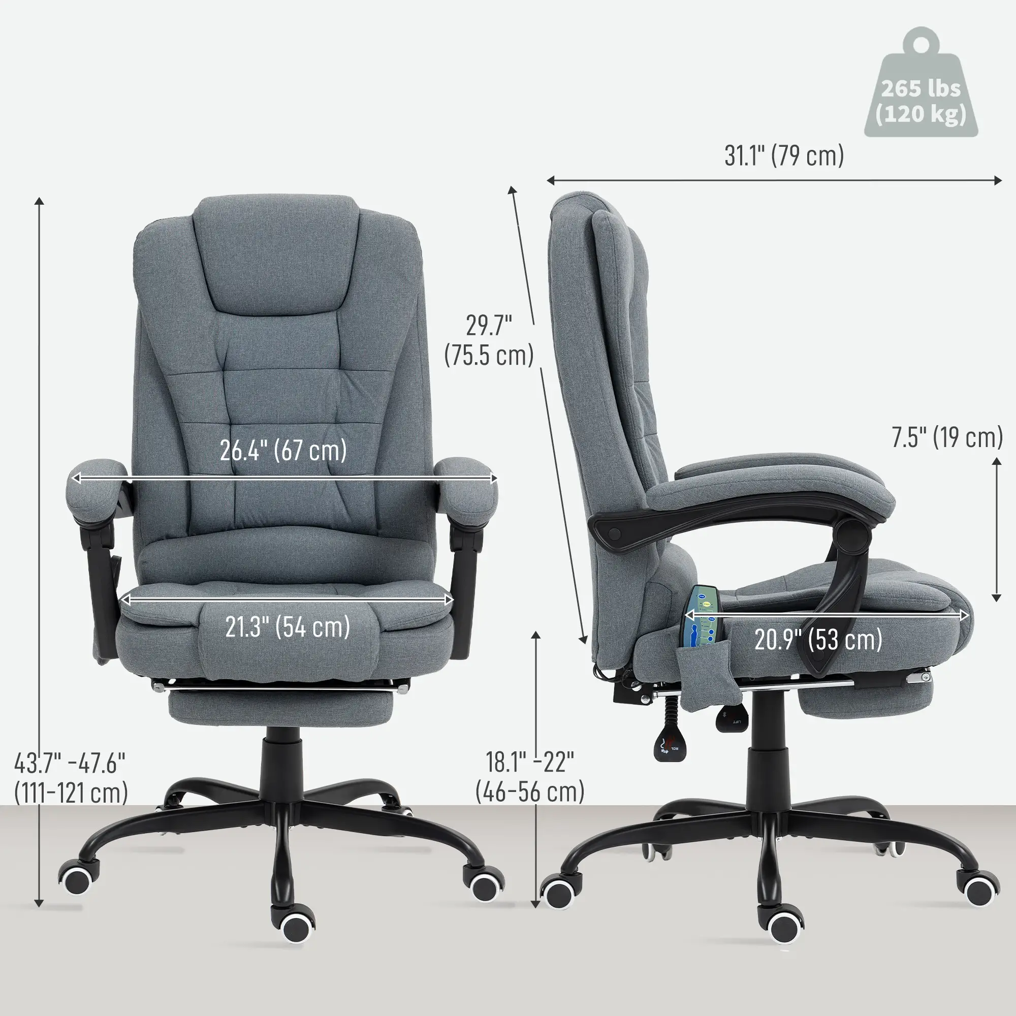 7-Point Vibrating Massage Chair, Reclining Office Chair with Footrest, Grey - Image 3