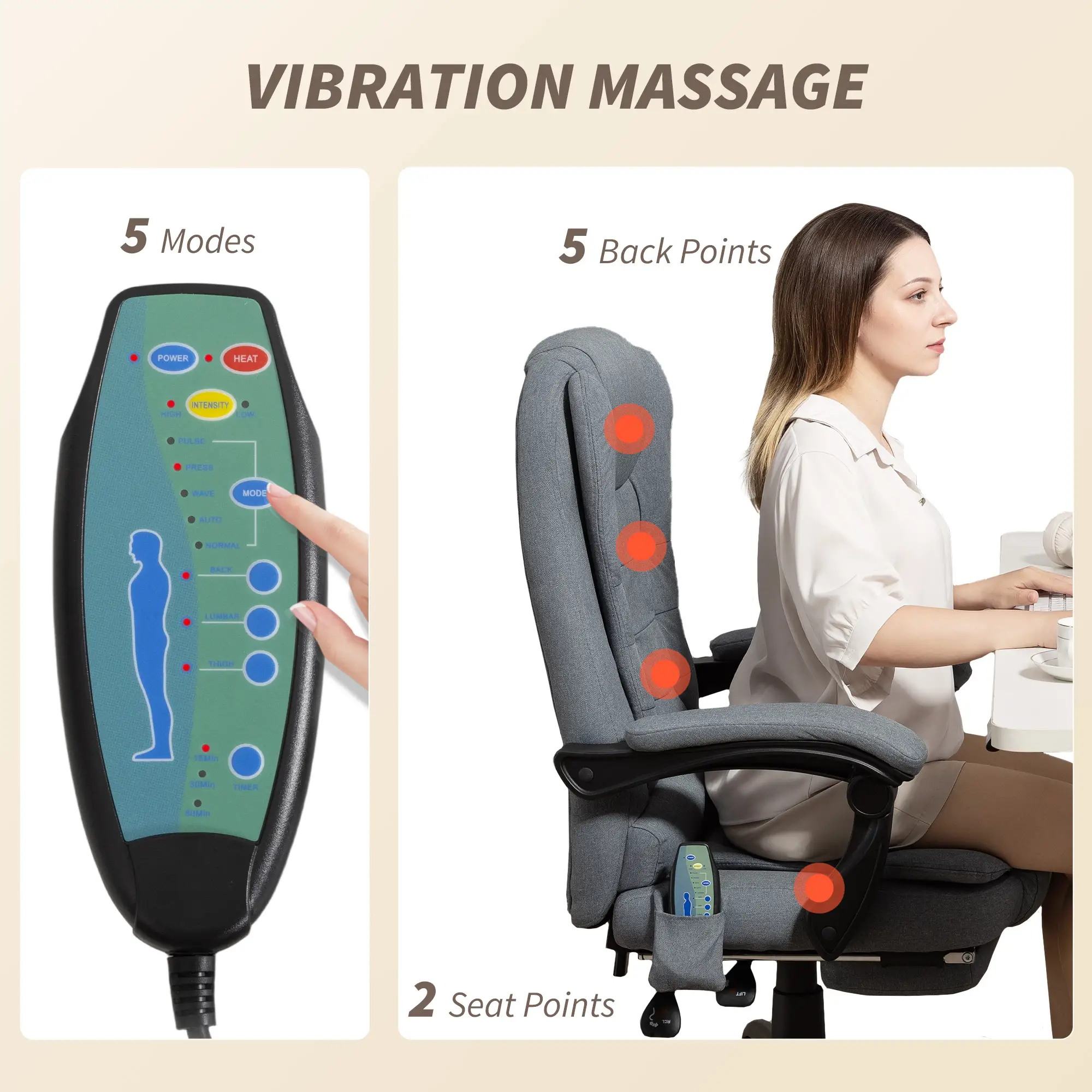 7-Point Vibrating Massage Chair, Reclining Office Chair with Footrest, Grey - Image 4