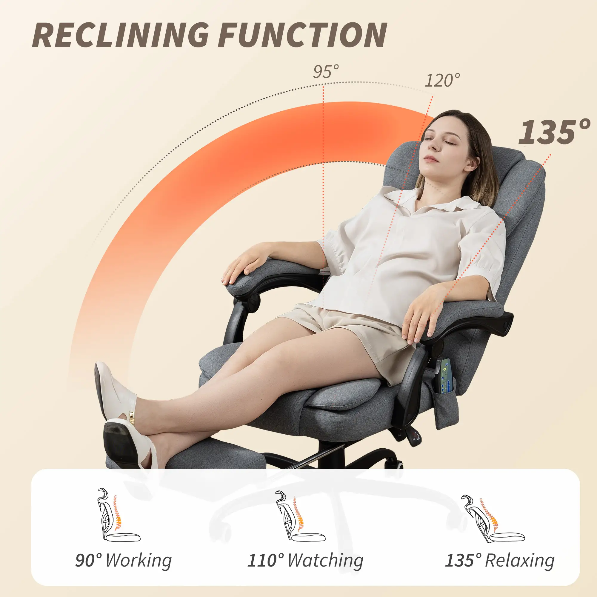 7-Point Vibrating Massage Chair, Reclining Office Chair with Footrest, Grey - Image 5