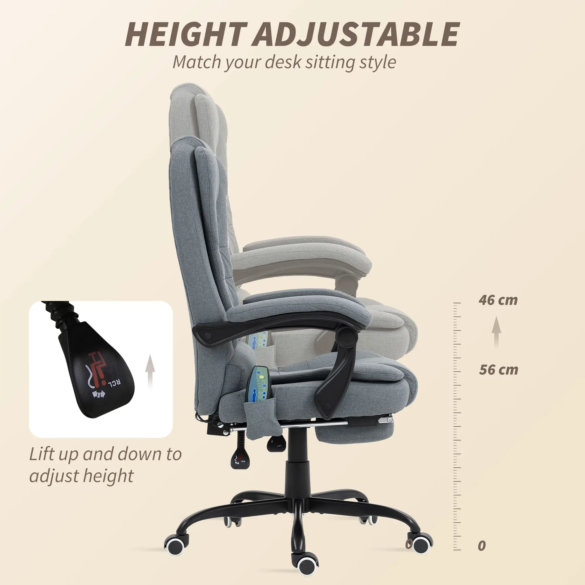 7-Point Vibrating Massage Chair, Reclining Office Chair with Footrest, Grey - Image 6