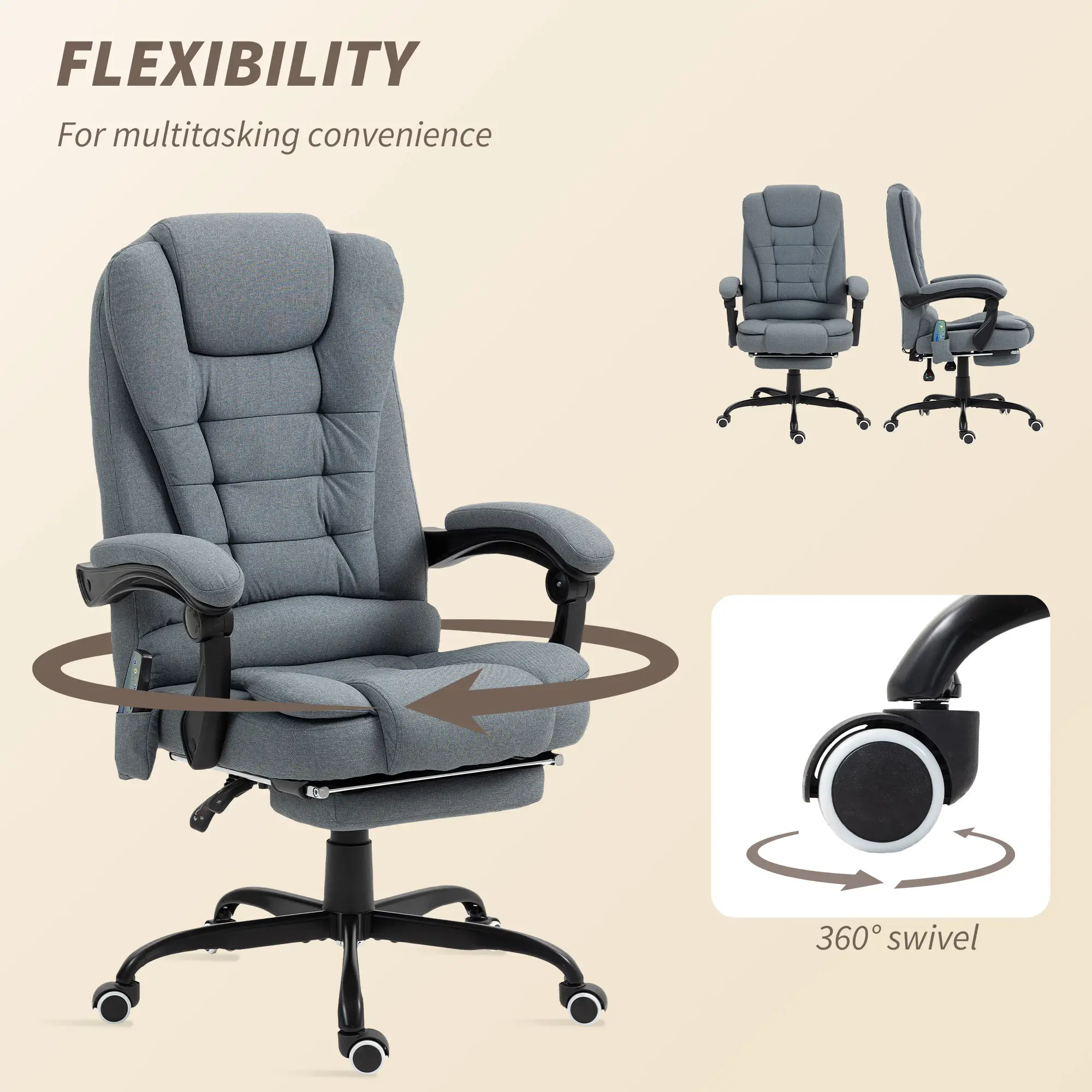 7-Point Vibrating Massage Chair, Reclining Office Chair with Footrest, Grey - Image 7