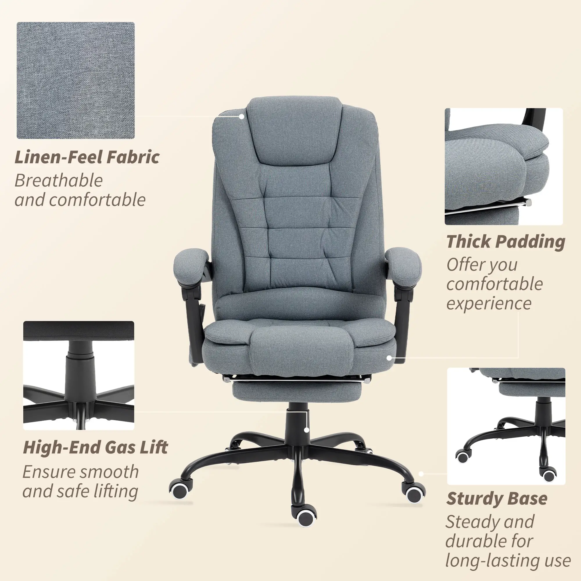 7-Point Vibrating Massage Chair, Reclining Office Chair with Footrest, Grey - Image 9