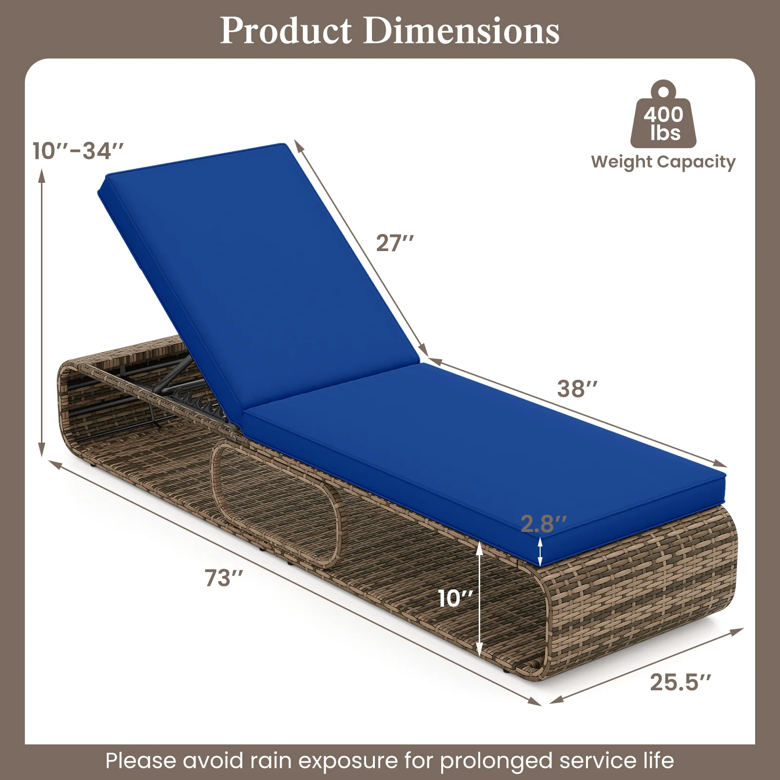 7-Position Adjustable PE Rattan Outdoor Chaise Lounge Chair, Navy - Image 5