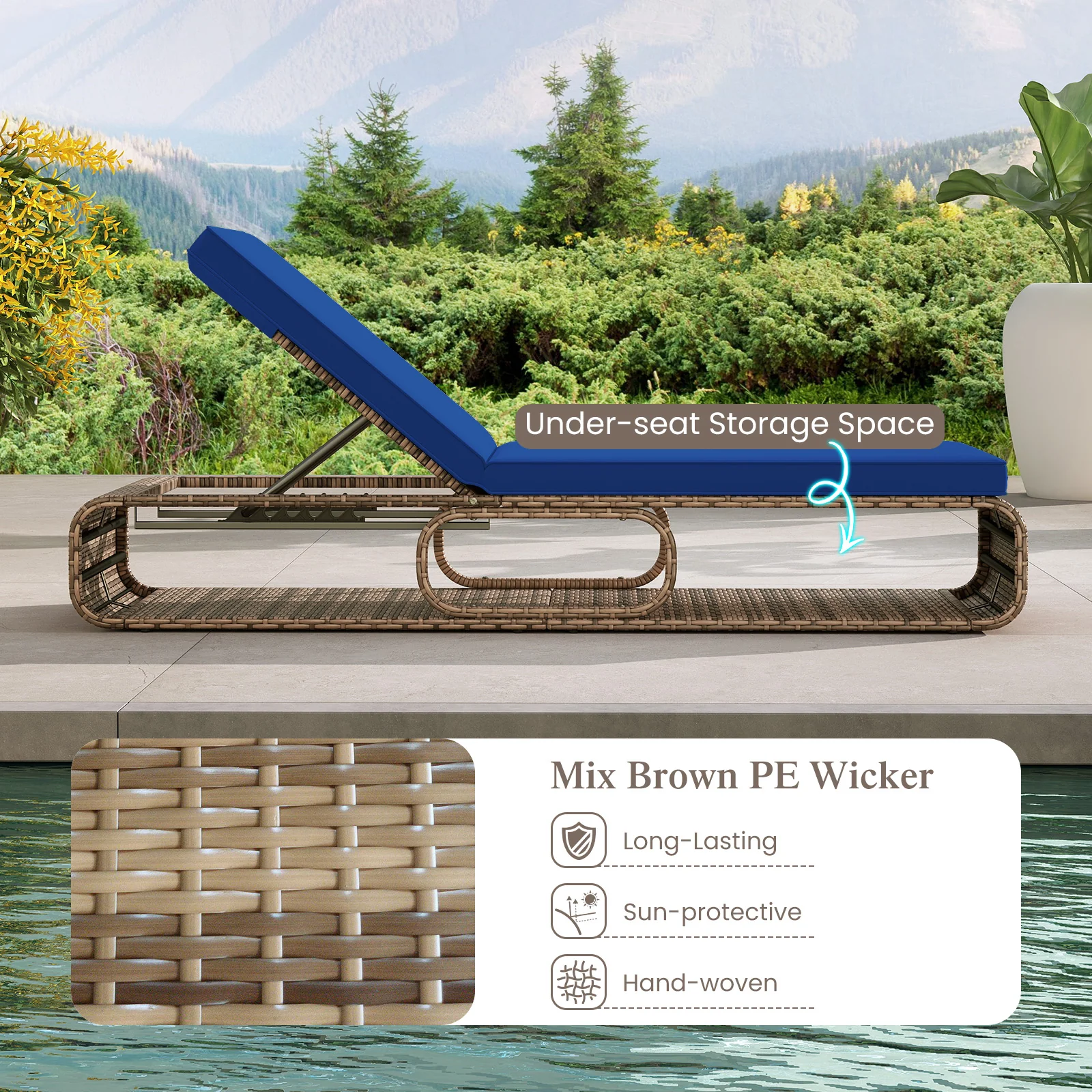 7-Position Adjustable PE Rattan Outdoor Chaise Lounge Chair, Navy - Image 6
