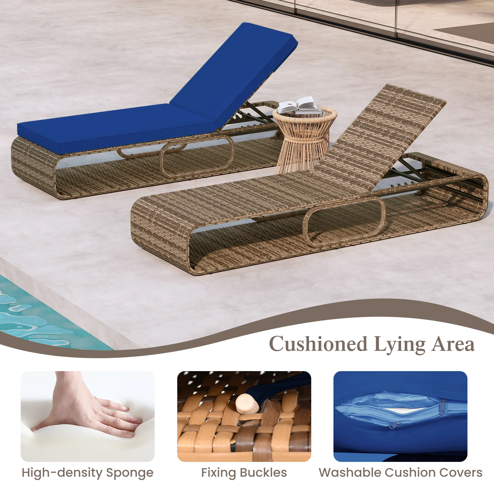 7-Position Adjustable PE Rattan Outdoor Chaise Lounge Chair, Navy - Image 9