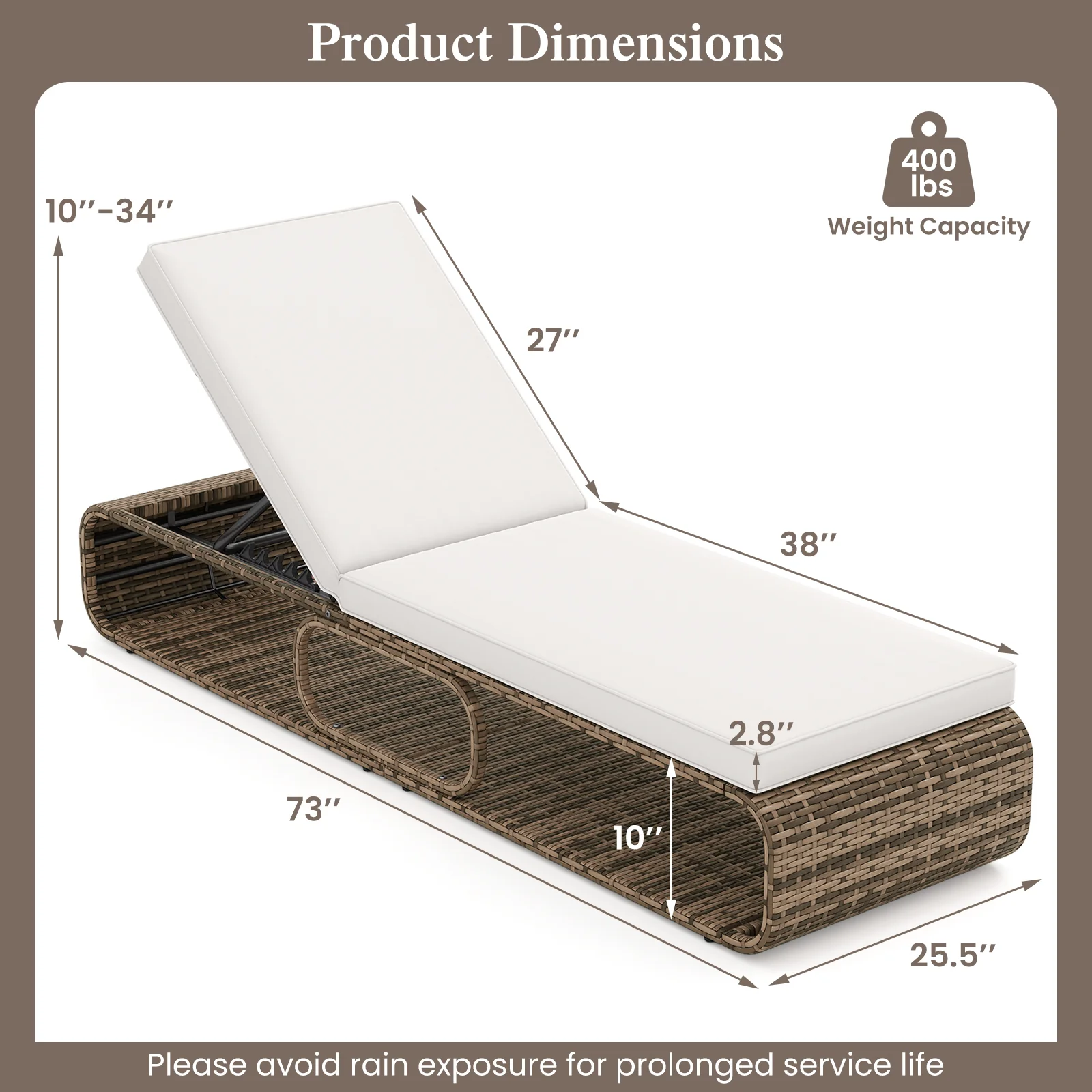 7-Position Adjustable PE Rattan Outdoor Chaise Lounge Chair, White - Image 6