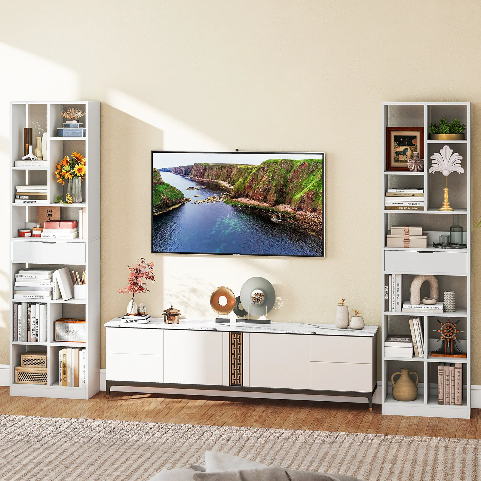 7-Tier Bookshelf With Drawer, 180cm, Floor Standing Display Rack, White - Image 8
