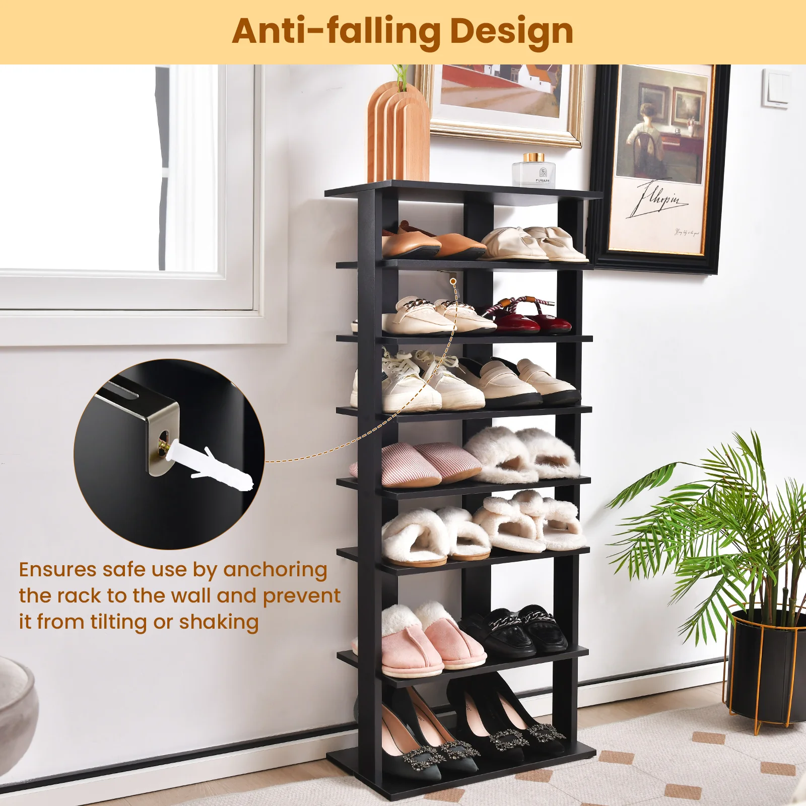 7-Tier Dual 14 Pair Shoe Rack Free Standing Concise Shelves Storage, Black - Image 10