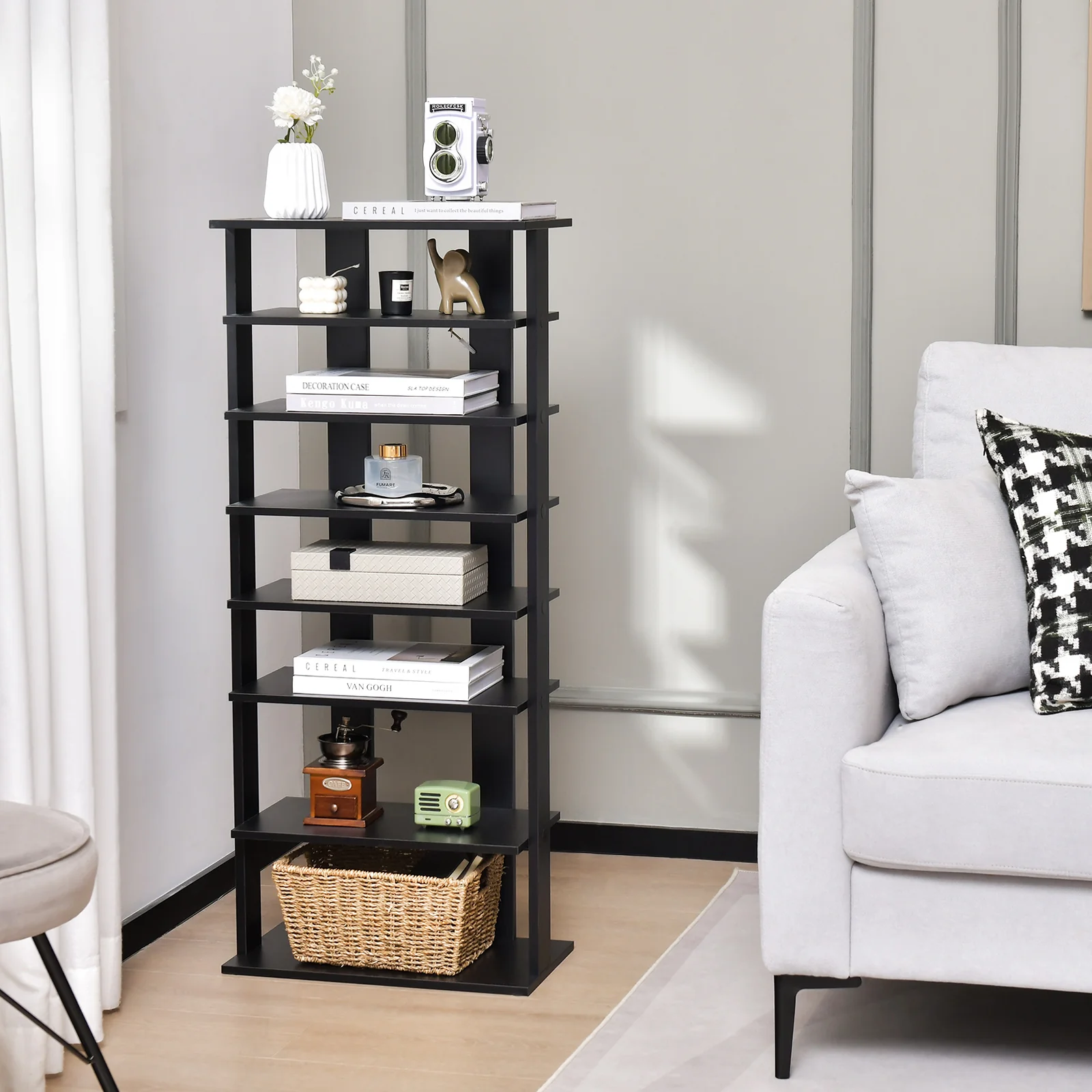 7-Tier Dual 14 Pair Shoe Rack Free Standing Concise Shelves Storage, Black - Image 3