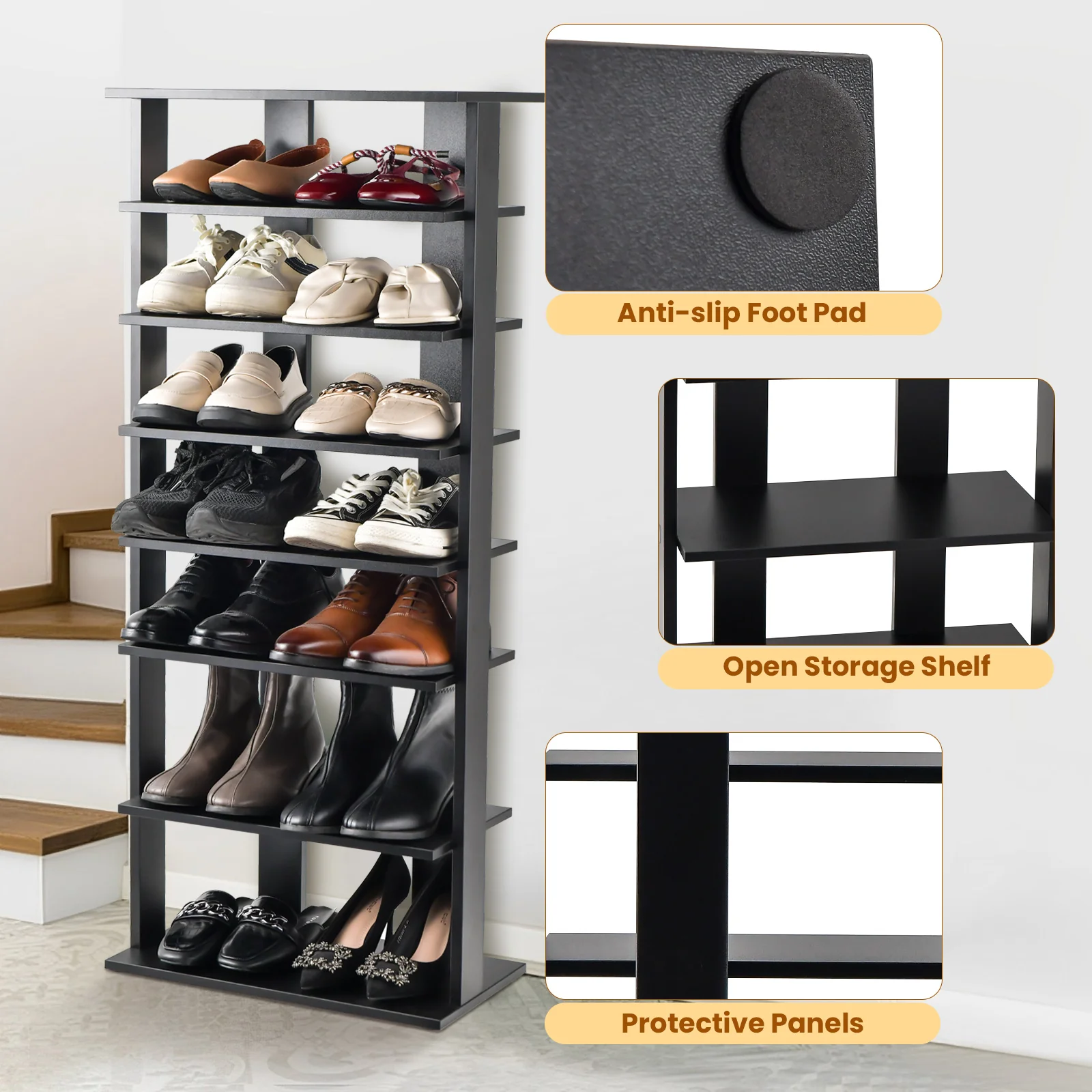 7-Tier Dual 14 Pair Shoe Rack Free Standing Concise Shelves Storage, Black - Image 9