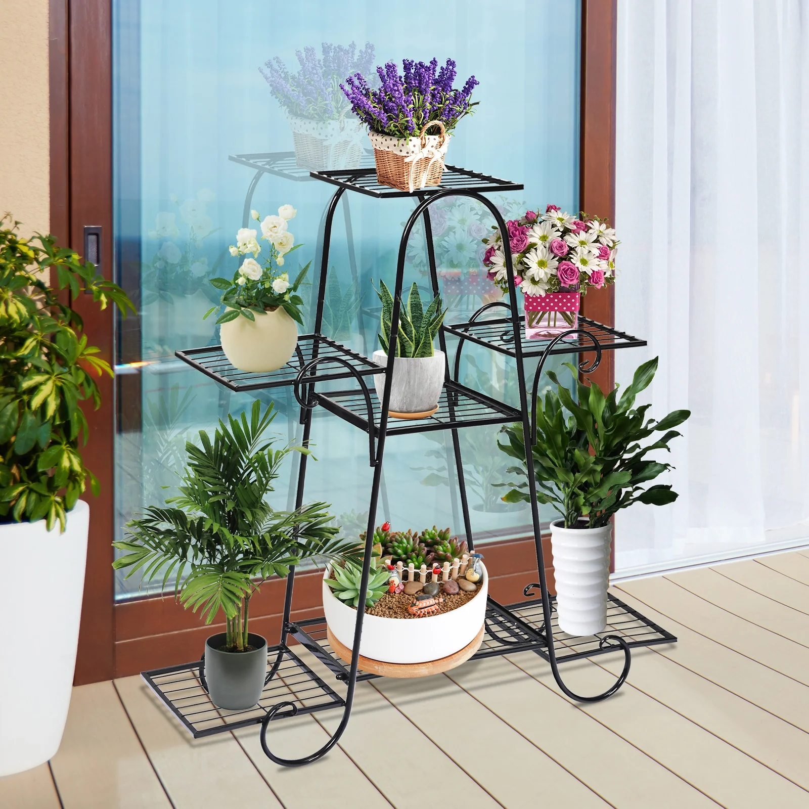 7 Tier Metal Patio Plant Stand, Black - Image 2