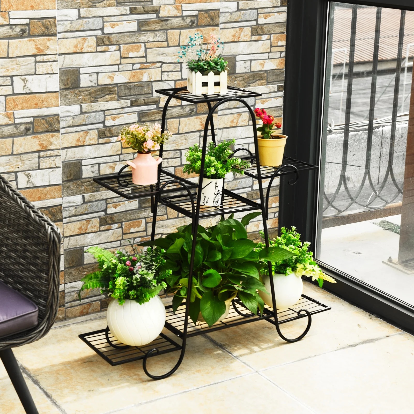 7 Tier Metal Patio Plant Stand, Black - Image 3