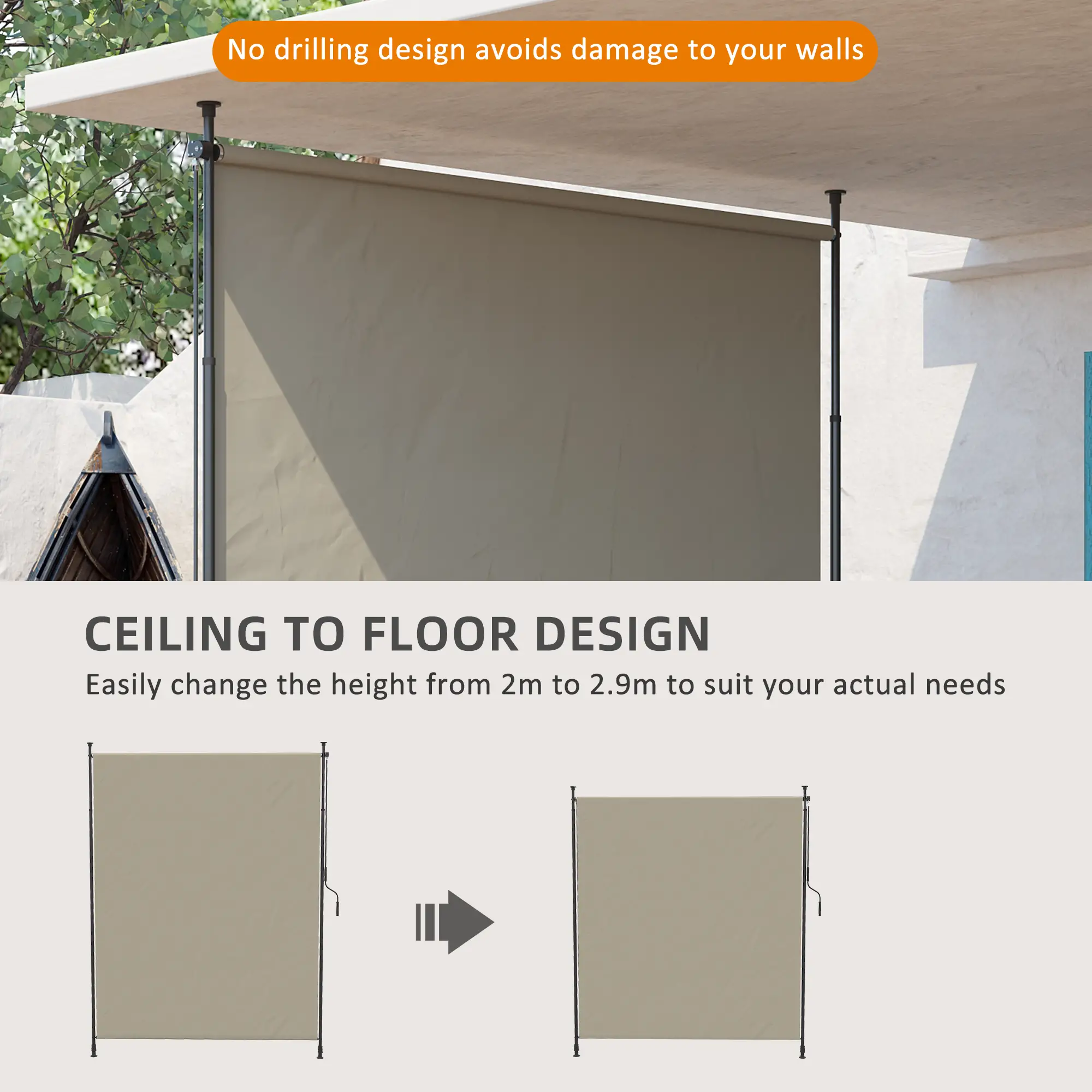 7' x 10' Retractable Patio Awning, Manual Outdoor Privacy Screen, Beige - Image 4