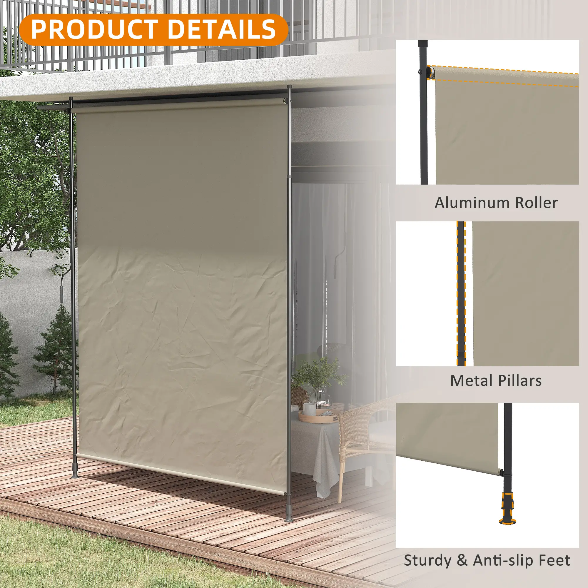 7' x 10' Retractable Patio Awning, Manual Outdoor Privacy Screen, Beige - Image 7
