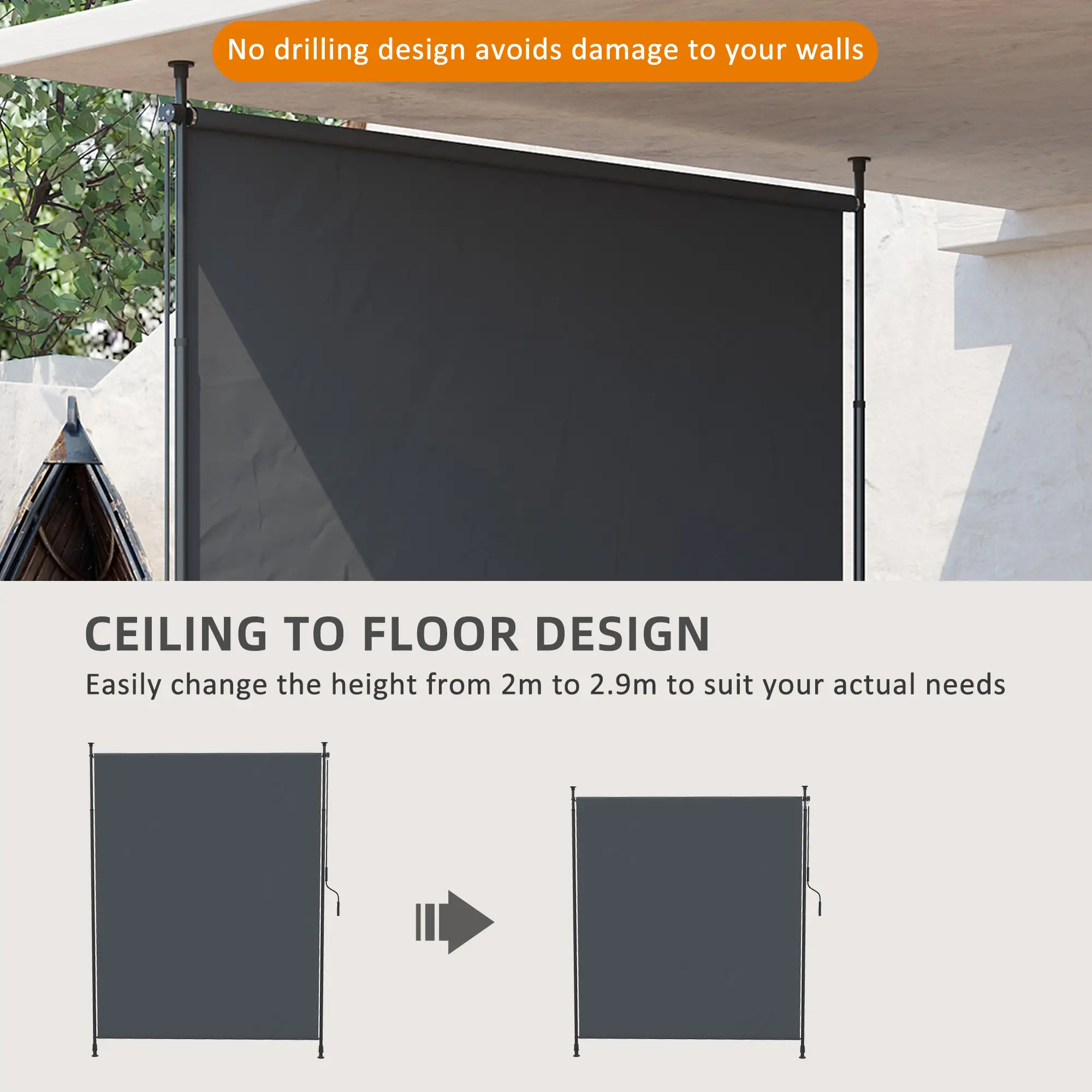 7' x 10' Retractable Patio Awning, Manual Outdoor Privacy Screen, UPF40+ Water-Resistant, Grey - Image 4